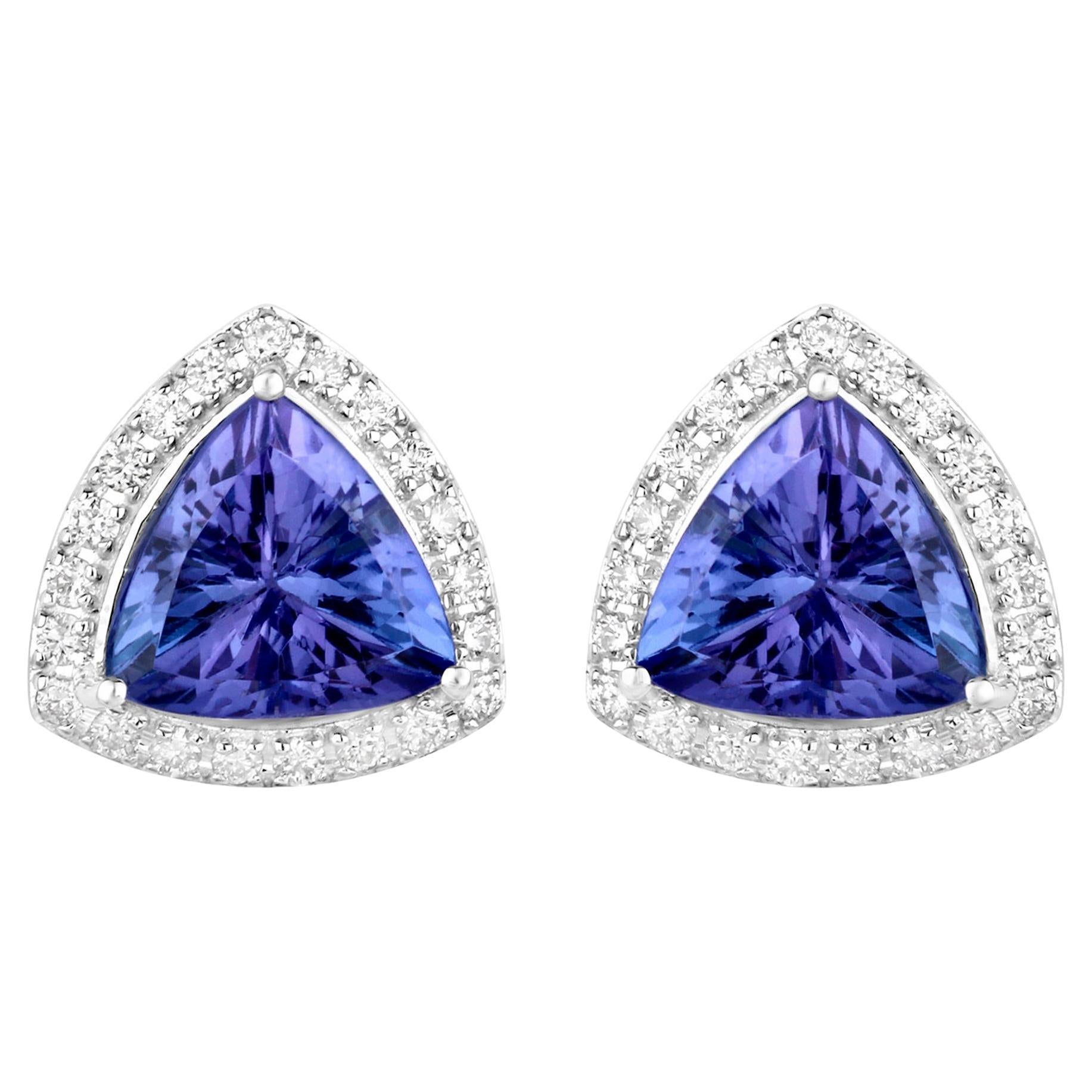 Clous d'oreilles en or blanc 14 carats avec tanzanite et diamants de 3,82 carats