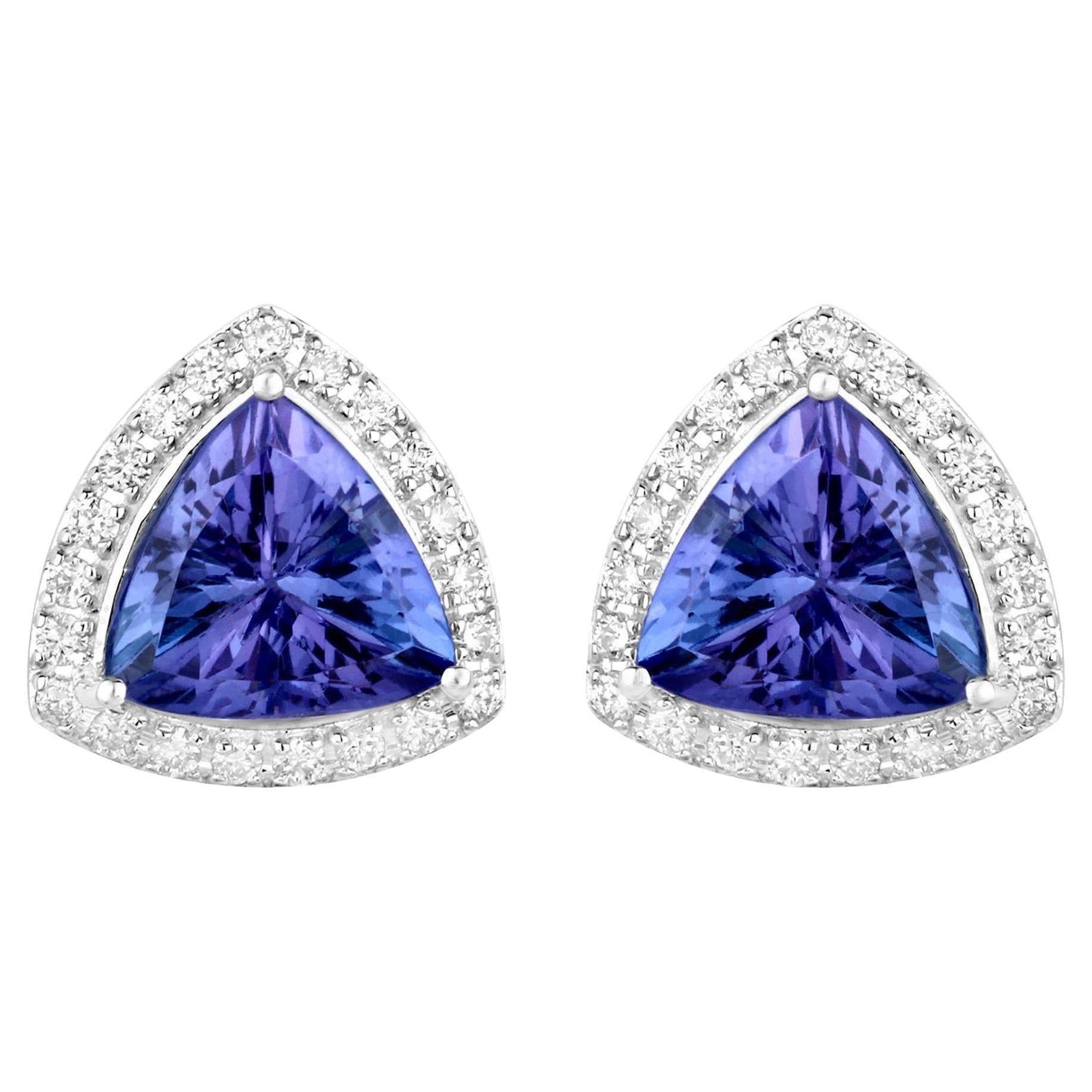 Tanzanite Stud Earrings With Diamonds 3.82 Carats 14K White Gold
