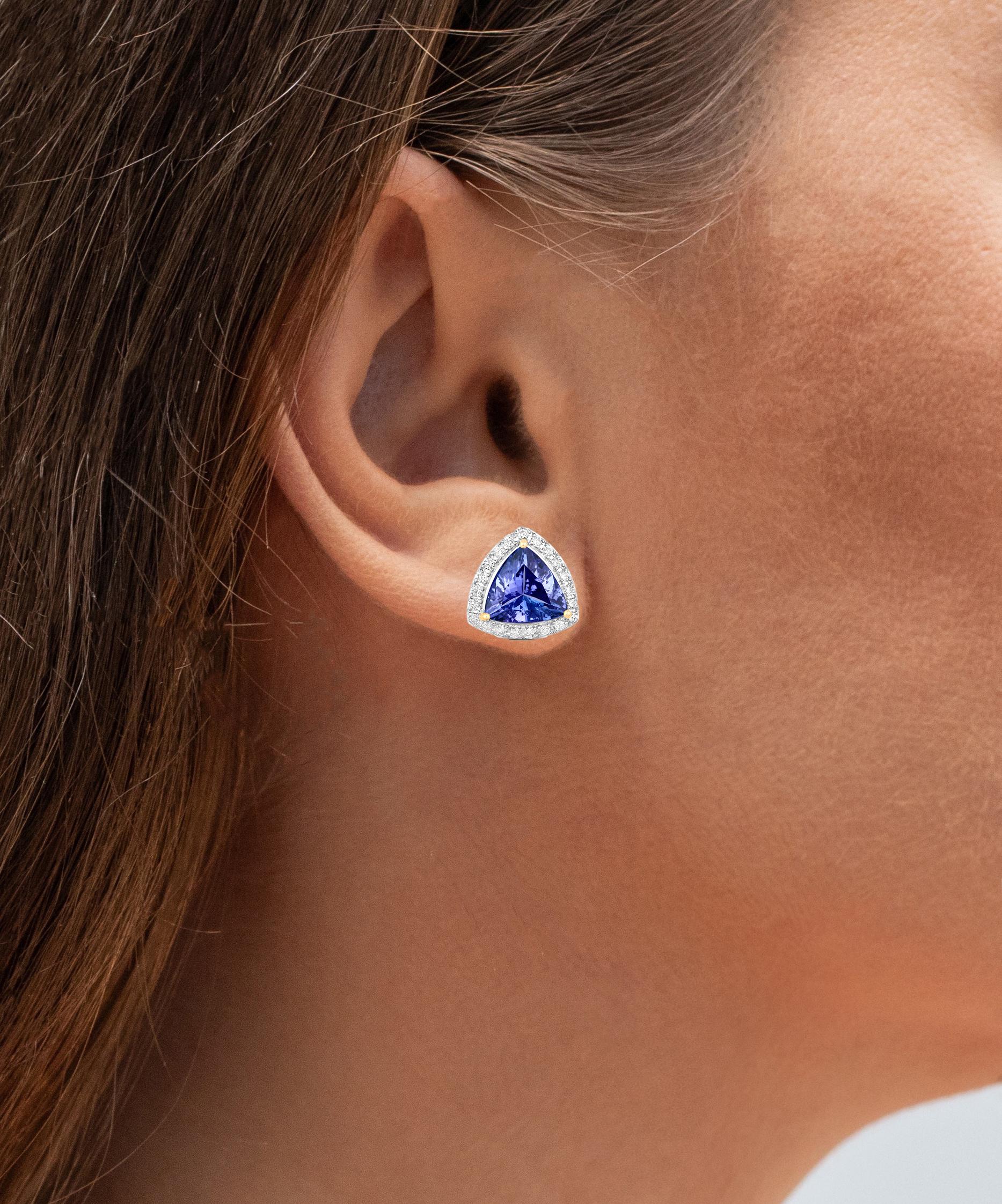 Contemporary Tanzanite Stud Earrings With Diamonds 3.82 Carats 14K Yellow Gold For Sale
