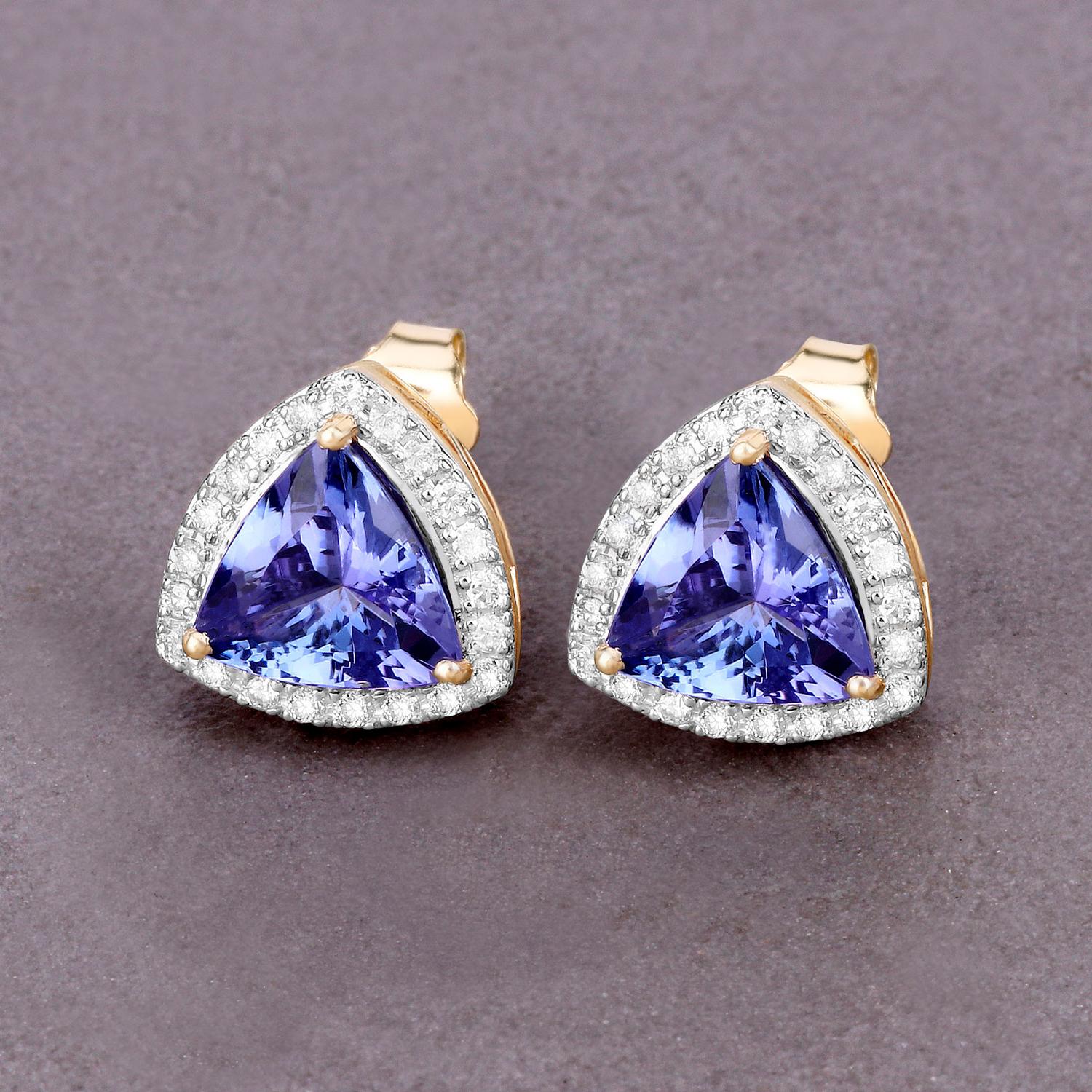 Trillion Cut Tanzanite Stud Earrings With Diamonds 3.82 Carats 14K Yellow Gold For Sale