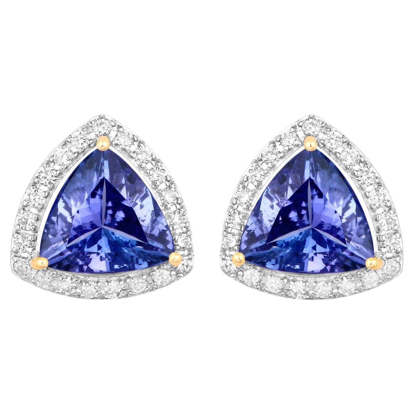 Tanzanite Stud Earrings With Diamonds 3.82 Carats 14K Yellow Gold For Sale