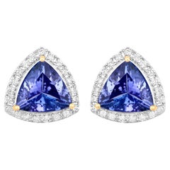 Tanzanite Stud Earrings With Diamonds 3.82 Carats 14K Yellow Gold