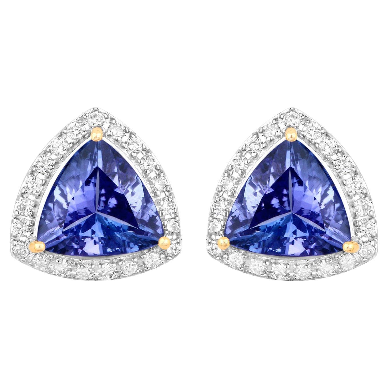 Tanzanite Stud Earrings With Diamonds 3.82 Carats 14K Yellow Gold For Sale
