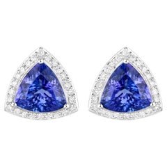 Tanzanite Stud Earrings With Diamonds 4.6 Carats 14K White Gold