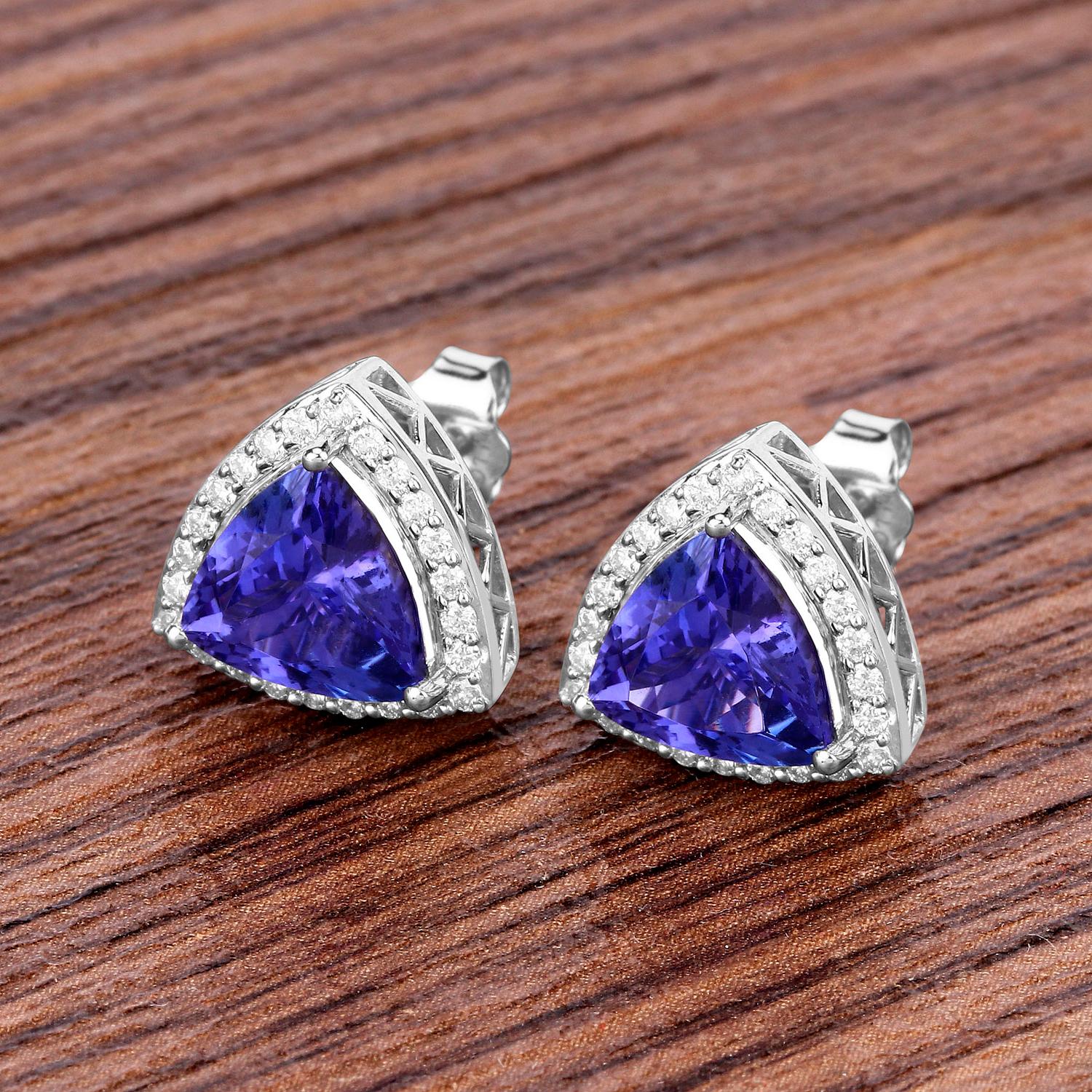 Trillion Cut Tanzanite Stud Earrings With Diamonds 4.62 Carats 14K White Gold For Sale