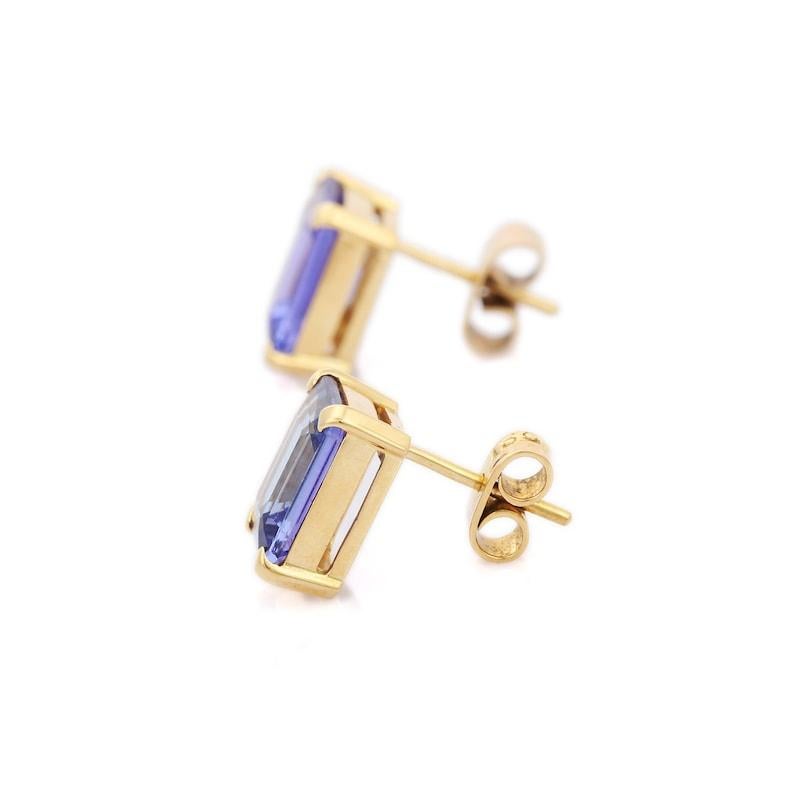 Octagon Cut Tanzanite Push Back Earrings in 18kt Solid Yellow Gold For Sale
