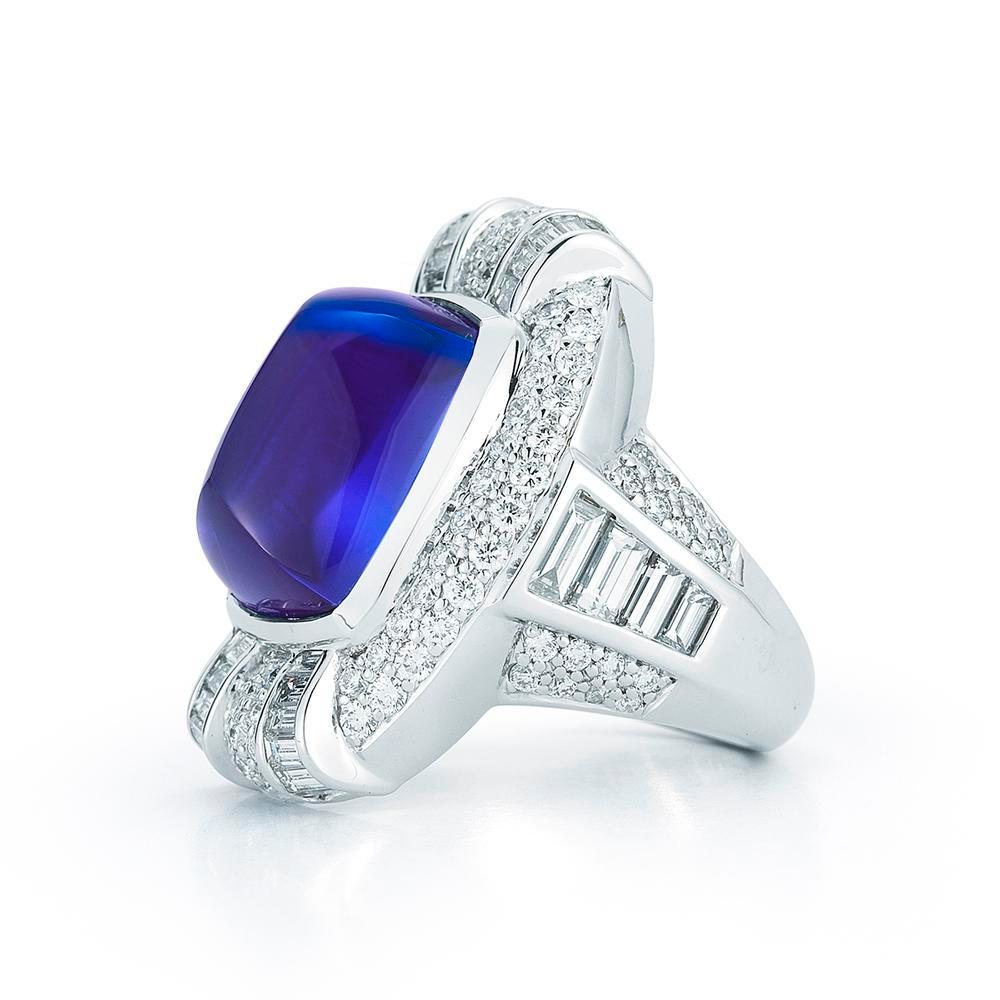 Modern Tanzanite Sugarloaf Cabochon And Diamond Ring By RayazTakat