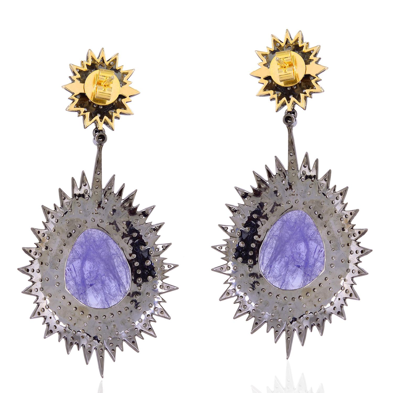 Artisan Tanzanite Sunburst Earrings With Diamonds Made In 18k Gold & Silver For Sale