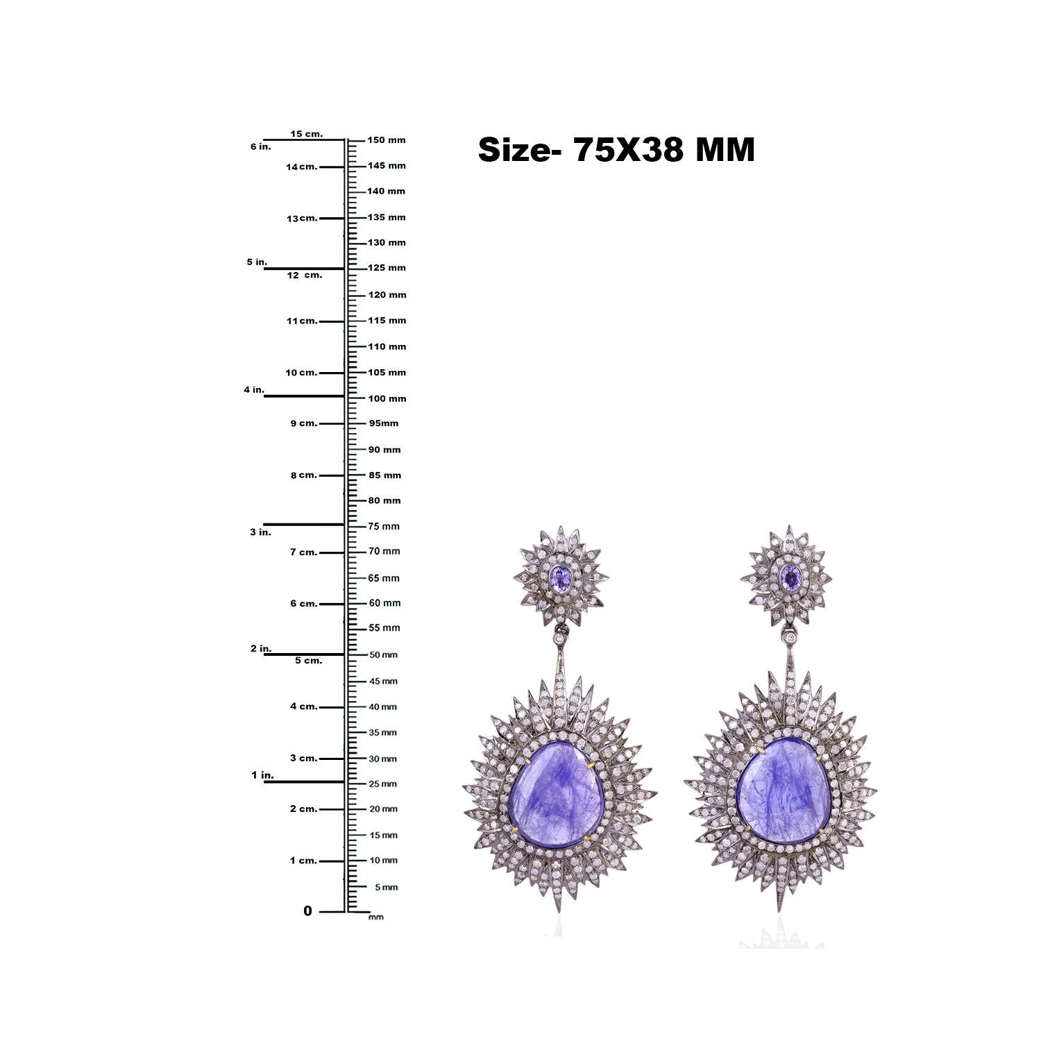Mixed Cut Tanzanite Sunburst Earrings With Diamonds Made In 18k Gold & Silver For Sale