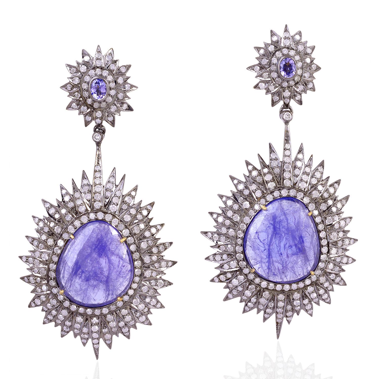 Tanzanite Sunburst Earrings With Diamonds Made In 18k Gold & Silver In New Condition For Sale In New York, NY