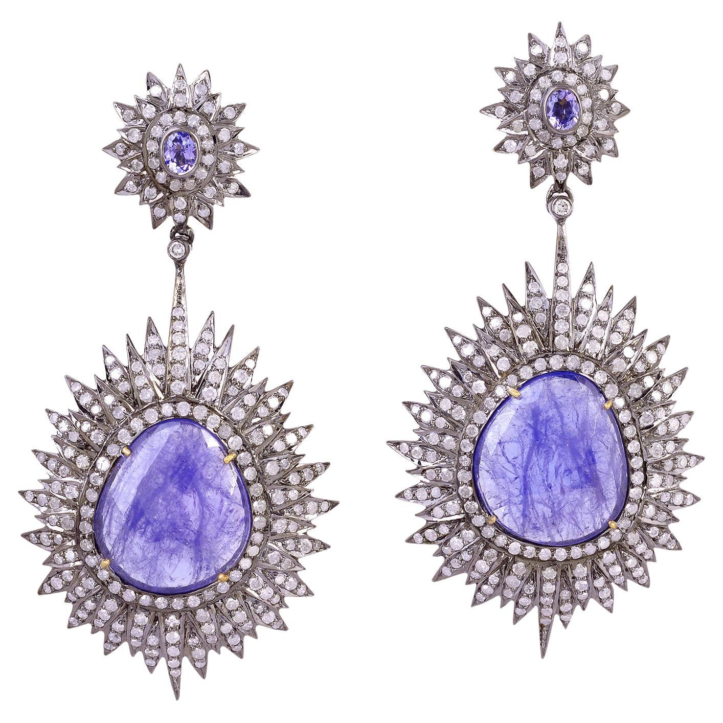 Tanzanite Sunburst Earrings With Diamonds Made In 18k Gold & Silver For Sale