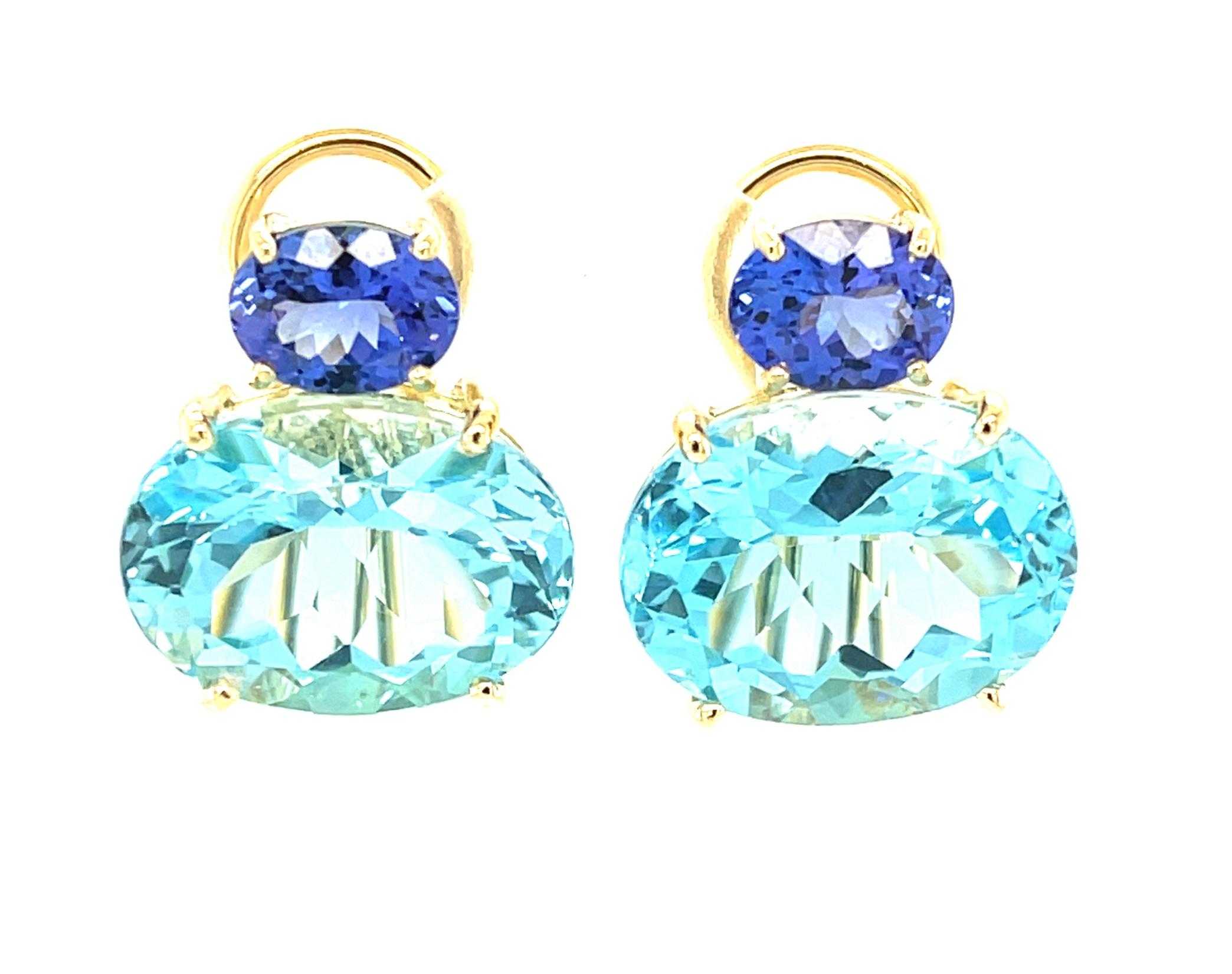Artisan Tanzanite & Swiss Blue Topaz Earrings in 18k Yellow Gold with Omega Backs For Sale