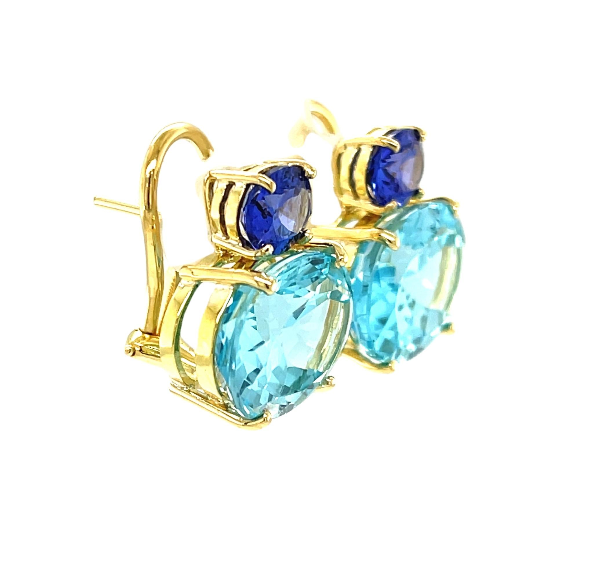Tanzanite & Swiss Blue Topaz Earrings in 18k Yellow Gold with Omega Backs In New Condition For Sale In Los Angeles, CA