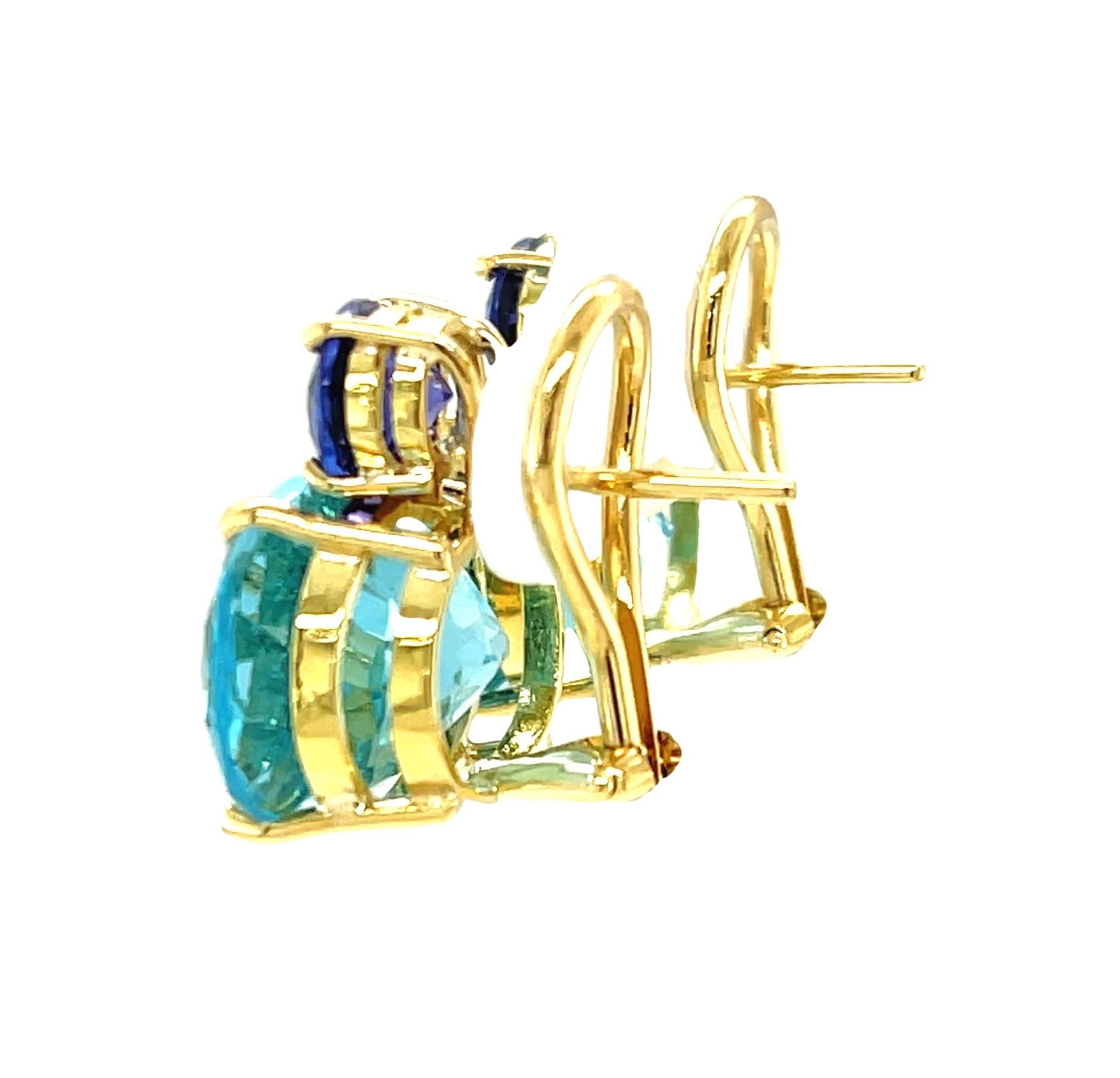 Women's Tanzanite & Swiss Blue Topaz Earrings in 18k Yellow Gold with Omega Backs For Sale