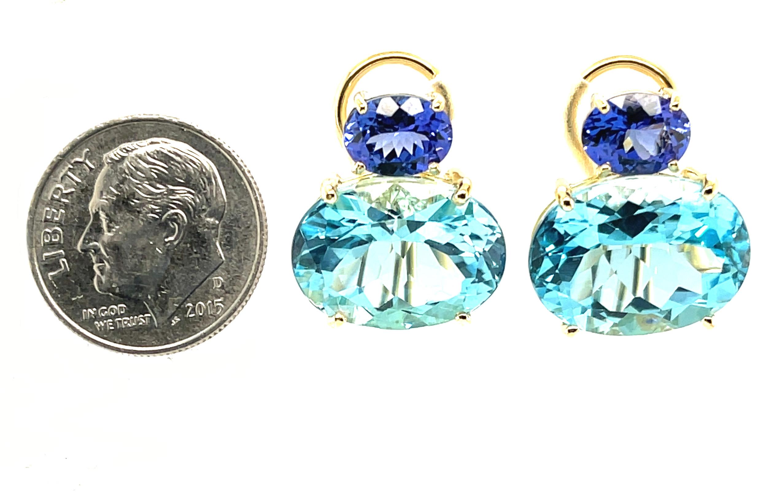 Tanzanite & Swiss Blue Topaz Earrings in 18k Yellow Gold with Omega Backs For Sale 1