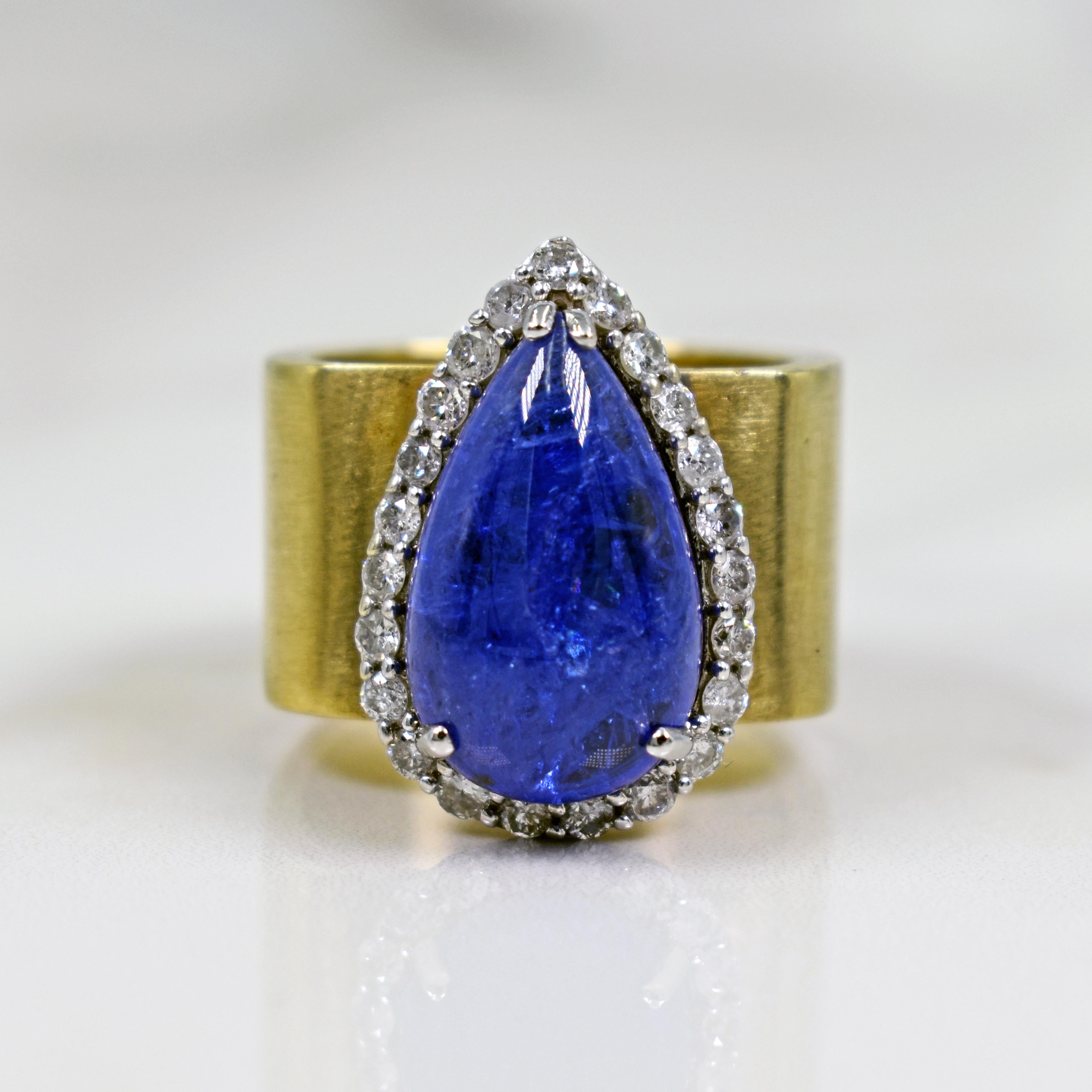 Pear Cut Tanzanite Teardrop Diamond Halo 14 Karat Gold Cocktail Ring For Sale