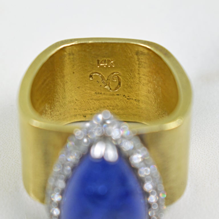 Women's Tanzanite Teardrop Diamond Halo 14 Karat Gold Cocktail Ring For Sale