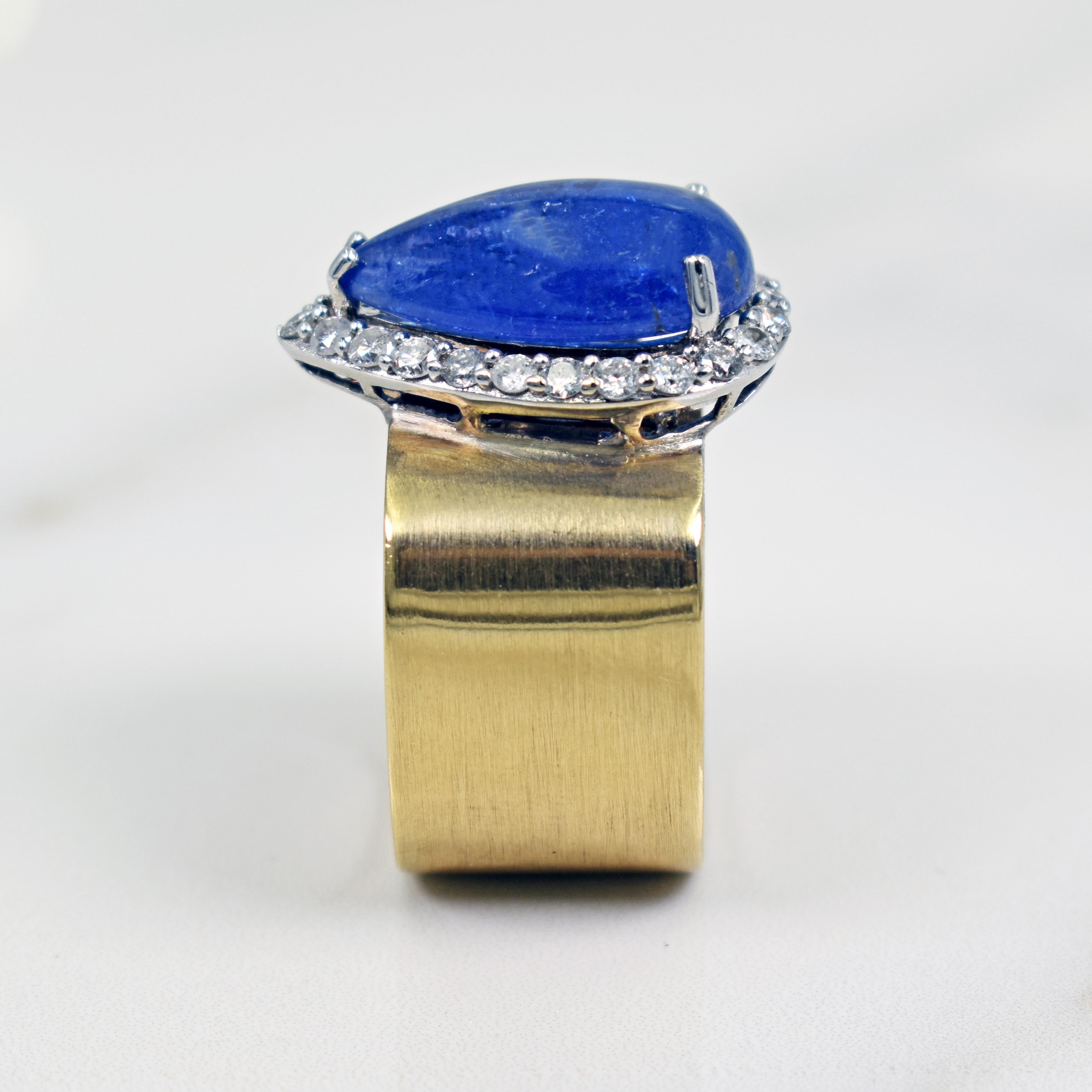 Tanzanite Teardrop Diamond Halo 14 Karat Gold Cocktail Ring For Sale 1