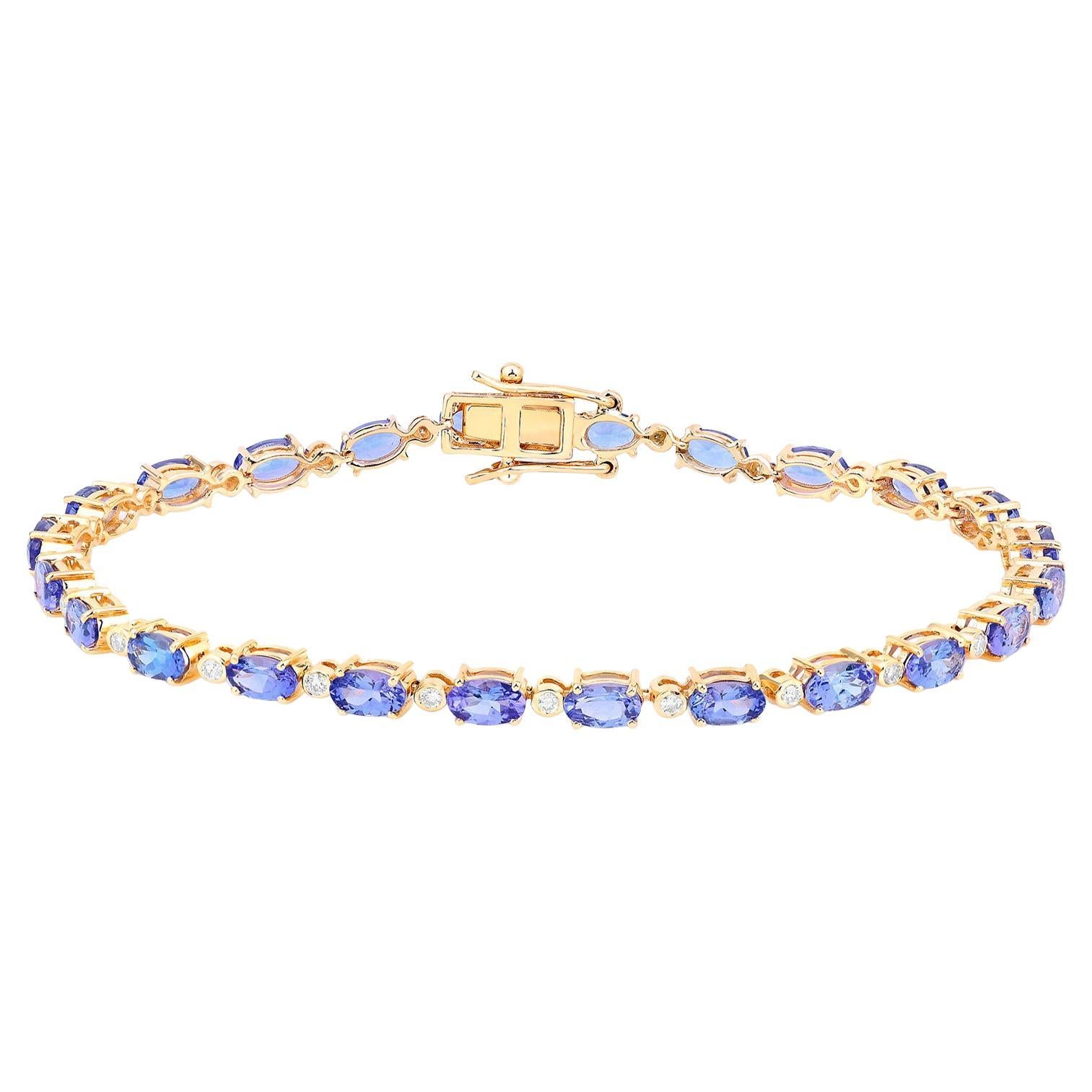 Brazalete de tenis de tanzanita Diamantes 5,1 quilates Oro amarillo de 14 quilates