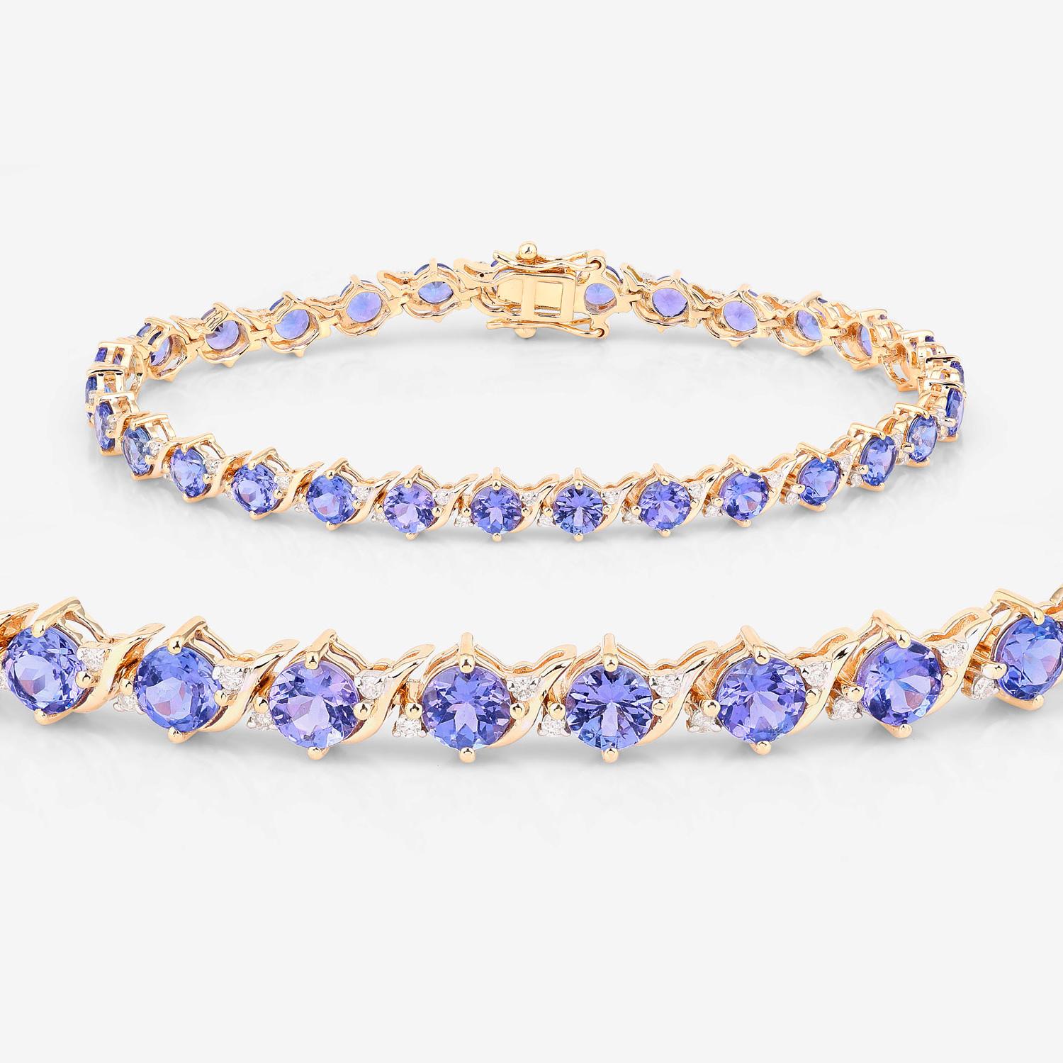 Brazalete de tenis de tanzanita Diamantes 6,9 quilates Oro amarillo de 14 quilates Contemporáneo en venta
