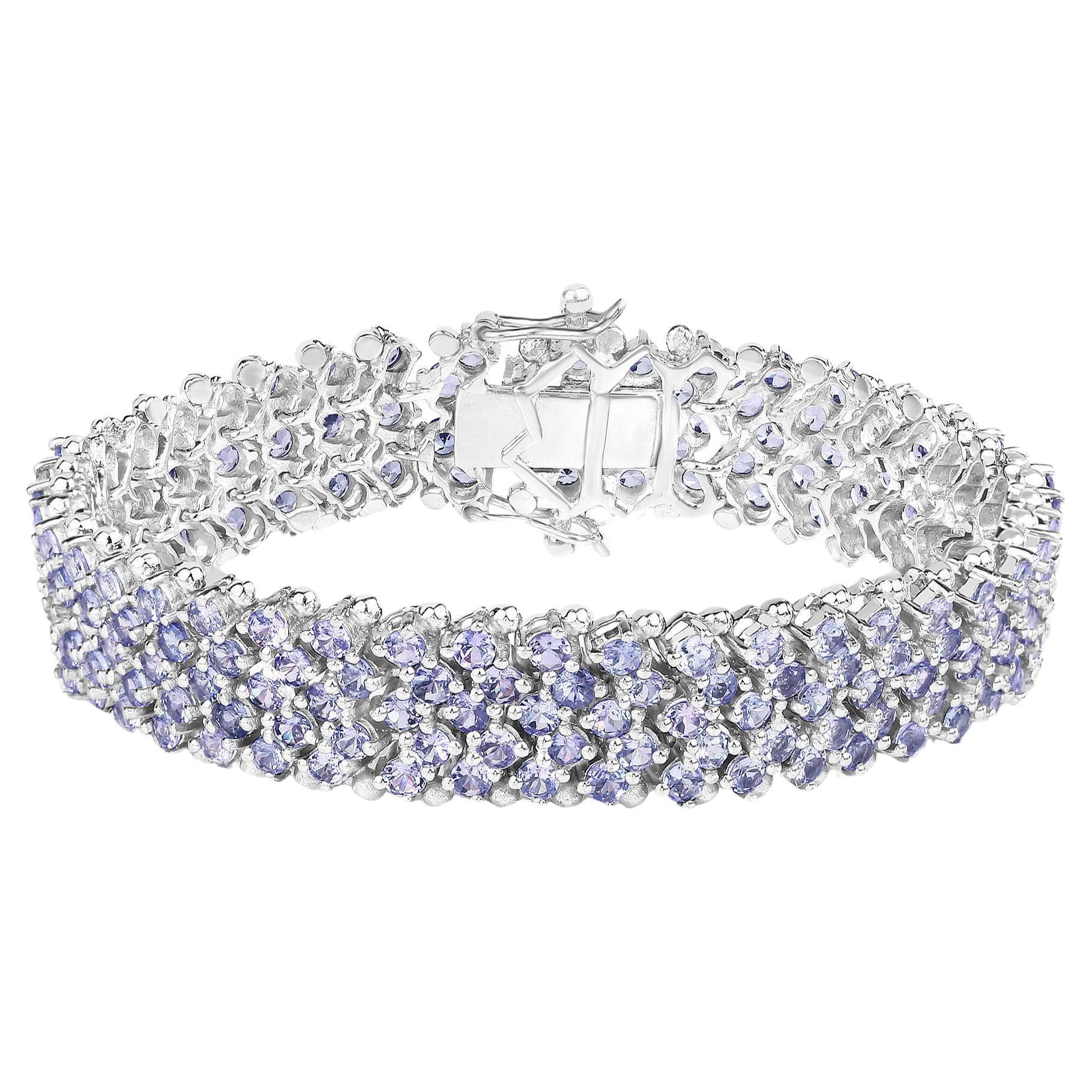 Tanzanite Tennis Bracelet Round Cut 14.70 Carats Sterling Silver For Sale