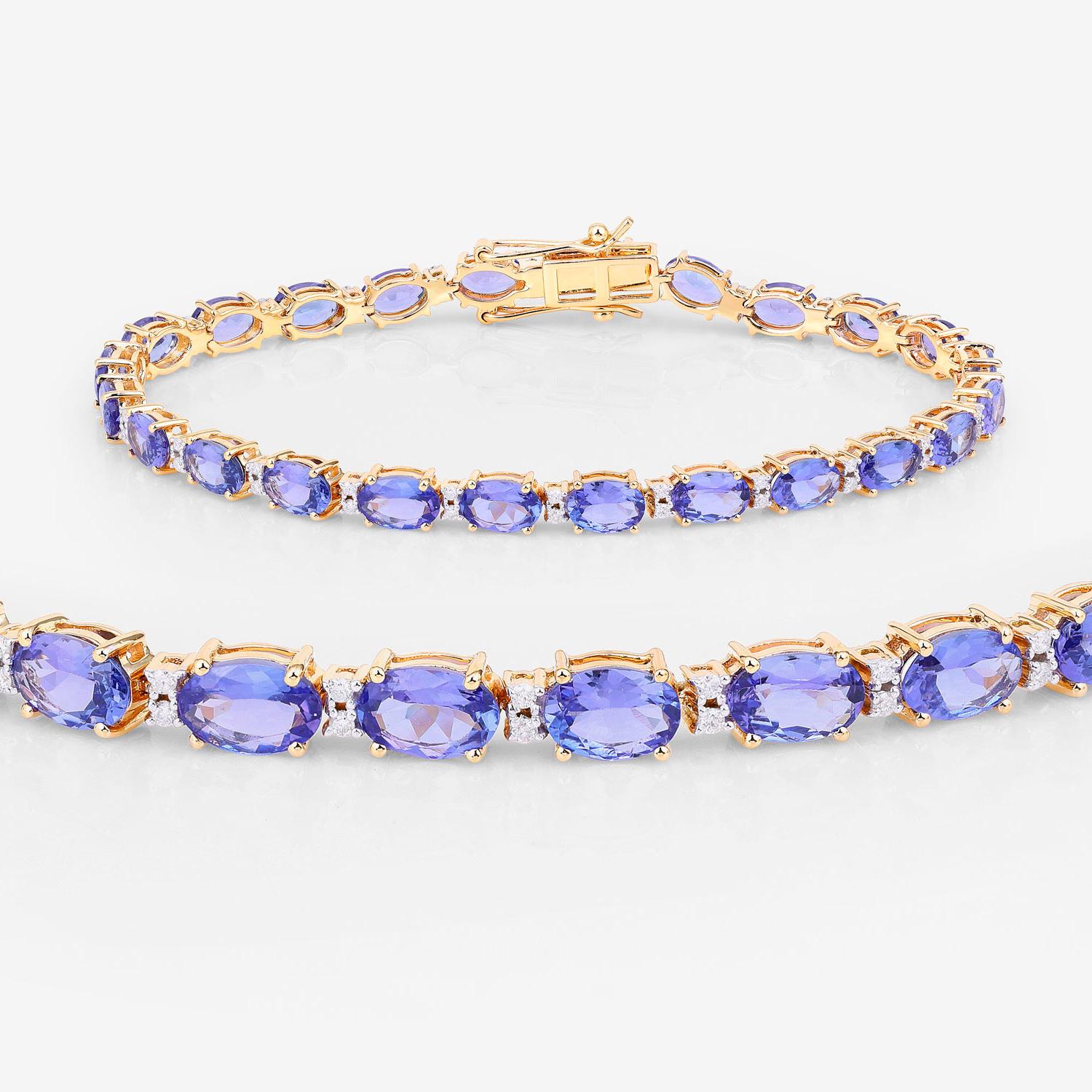 Contemporaneo Bracciale Tennis Tanzanite Diamanti Bianchi 10,8 Carati Oro Giallo 14K in vendita