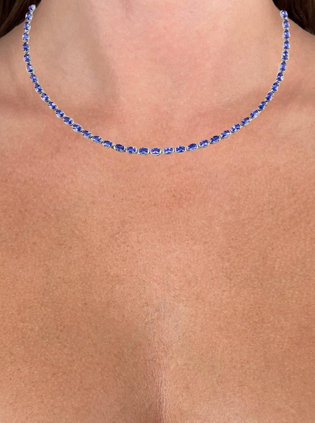 Contemporary Tanzanite Tennis Necklace 10 Carats Sterling Silver For Sale