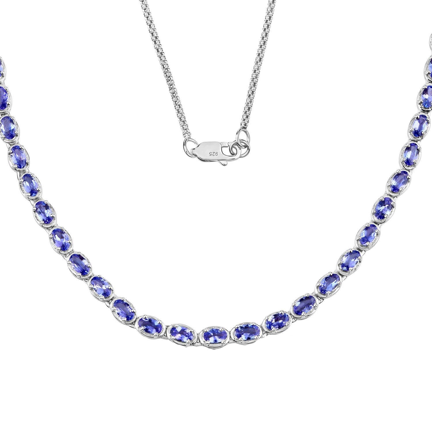 Oval Cut Tanzanite Tennis Necklace 10 Carats Sterling Silver For Sale