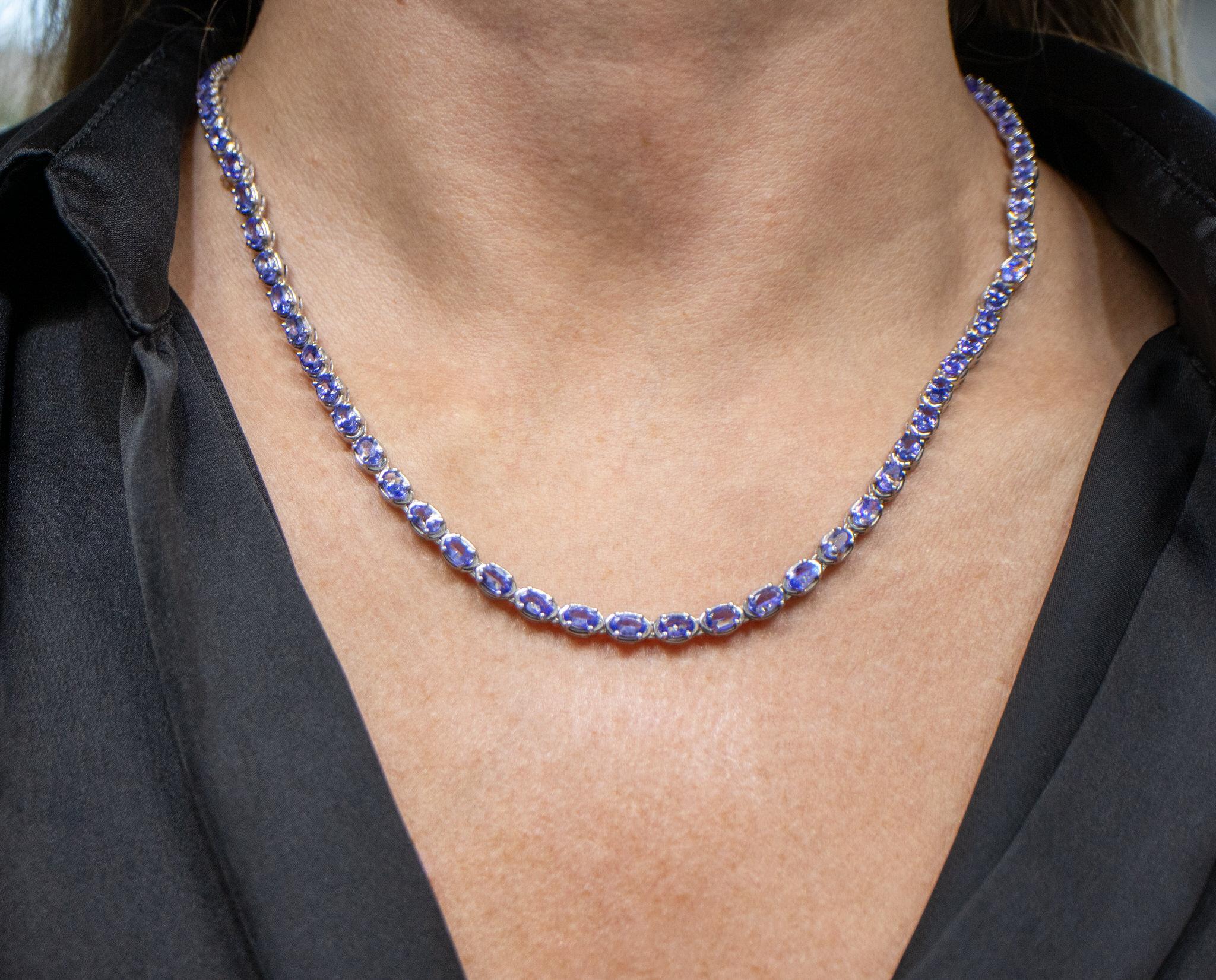 Oval Cut Tanzanite Tennis Necklace 10 Carats Sterling Silver For Sale