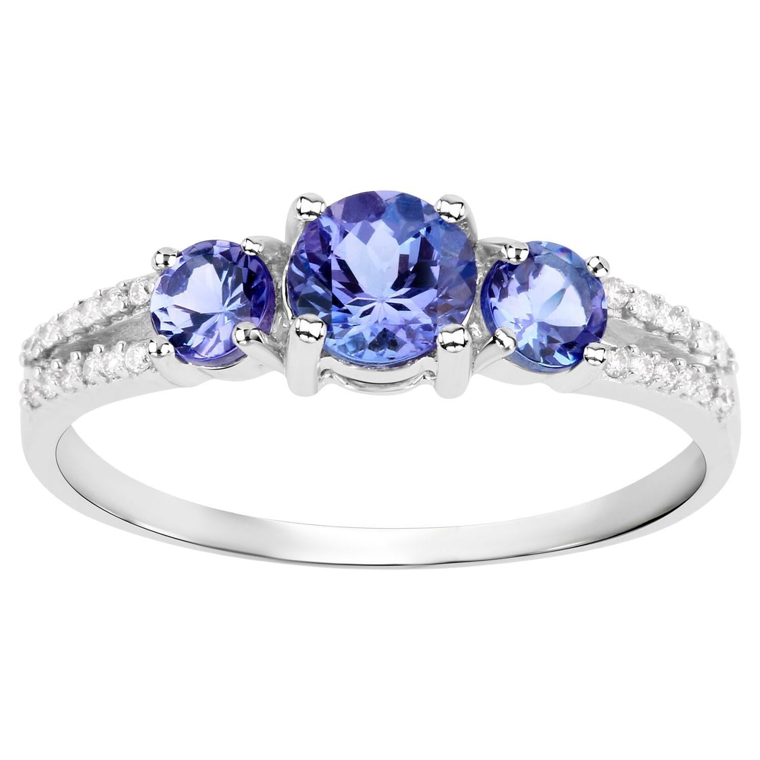 Tanzanite Three Stone Ring Diamond Setting 14K White Gold For Sale