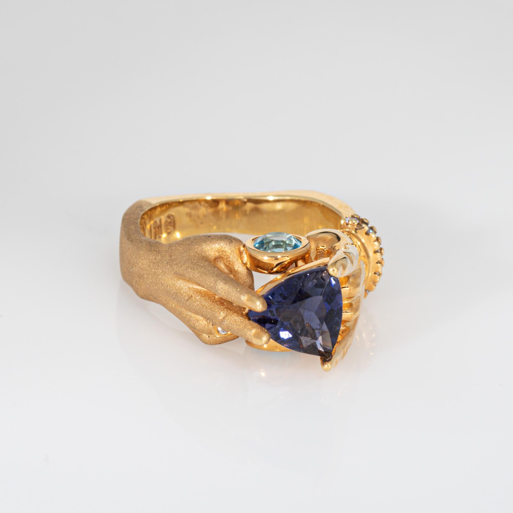 Taglio trillion Anello con tanzanite e topazio Estate Jewelry in oro giallo 14k Sz 6.5 Gioielli mistici e raffinati in vendita