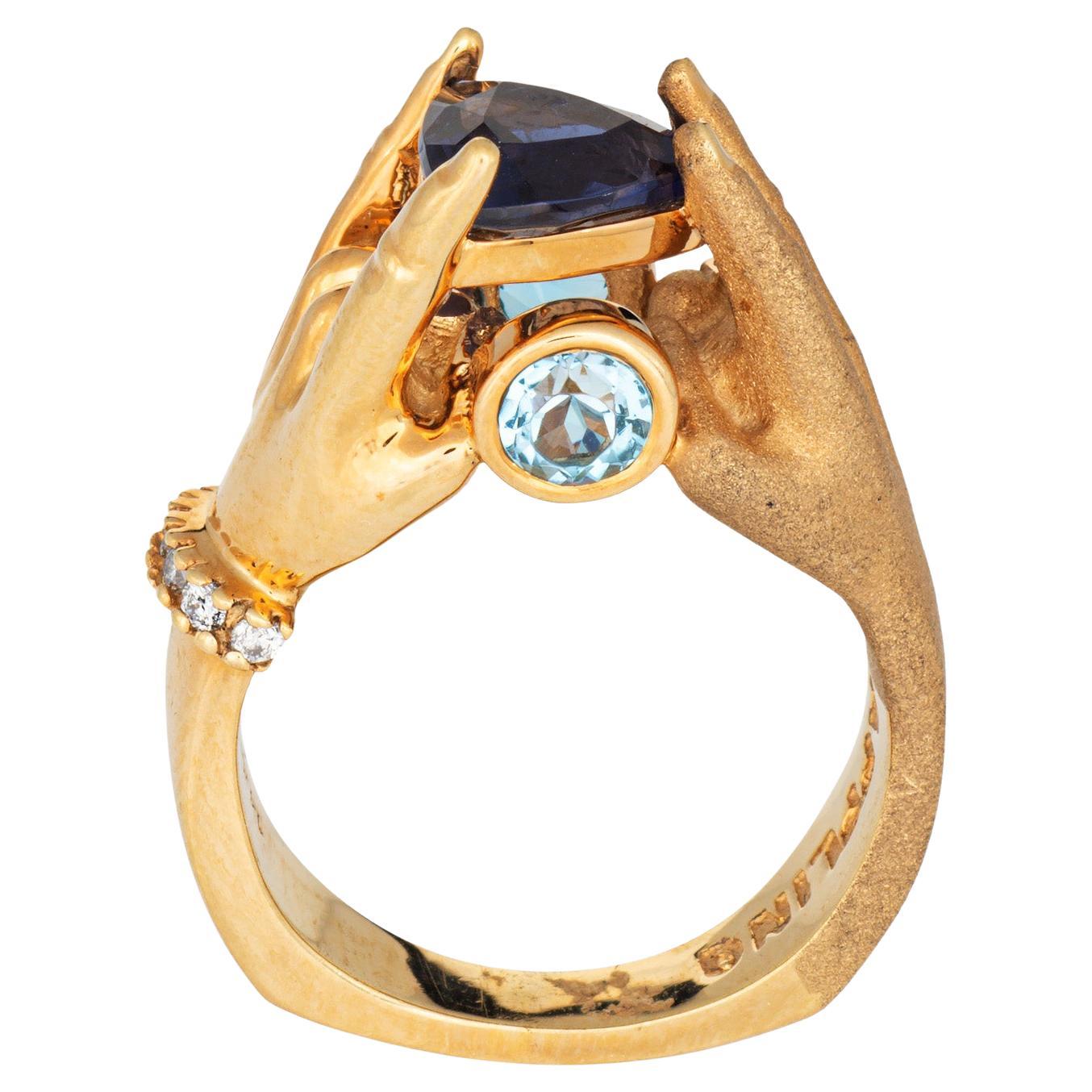 Tanzanita Topacio Manos Anillo Estate 14k Oro Amarillo Sz 6.5 Joyería Mística Fina