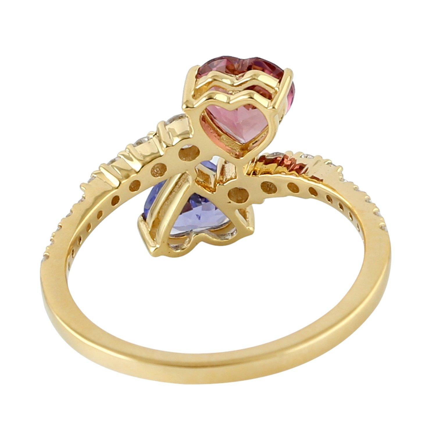 Modern Tanzanite Tourmaline Diamond 18 Karat Gold Heart Ring For Sale