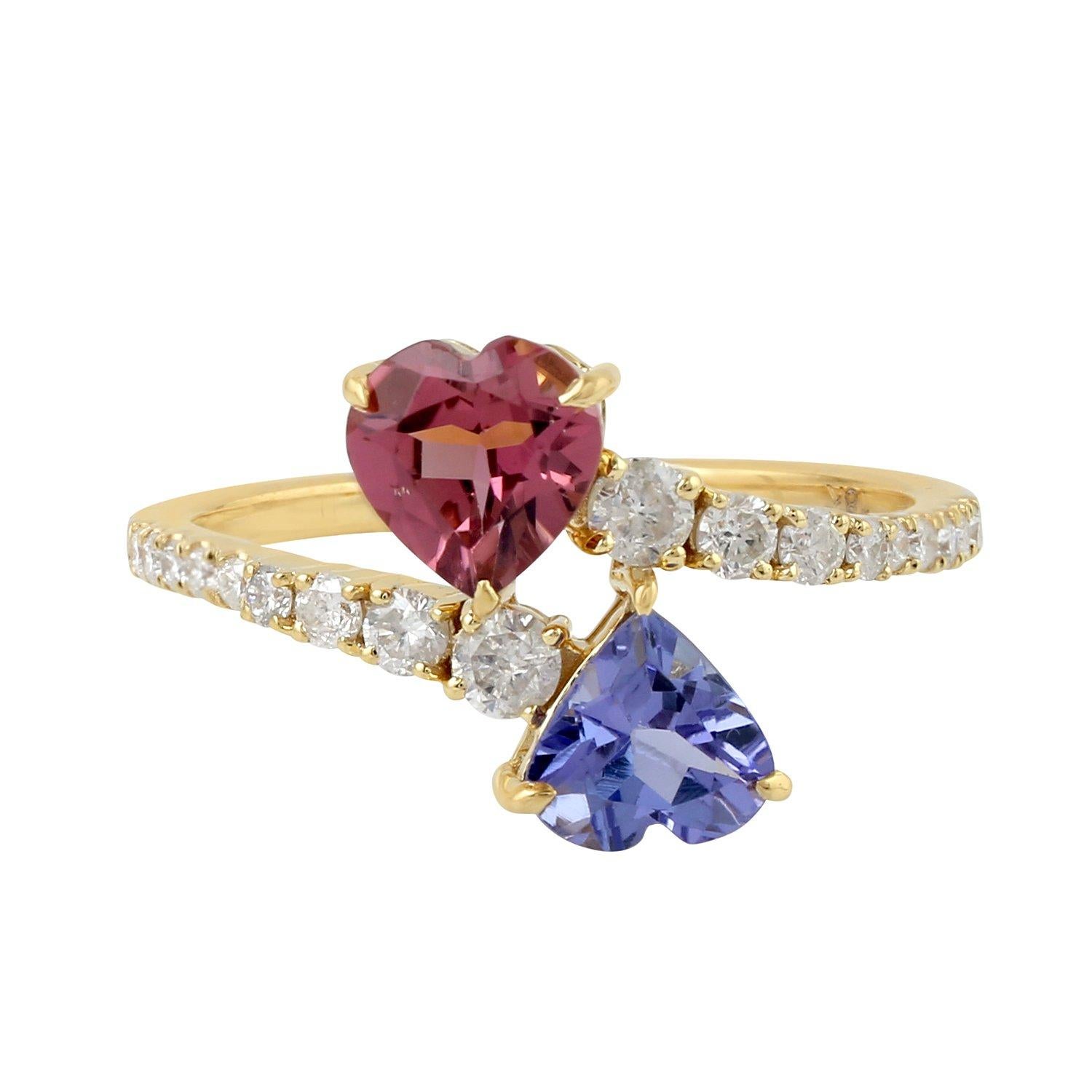 Modern Tanzanite Tourmaline Diamond 18 Karat Gold Heart Ring For Sale