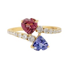 Bague cœur en or 18 carats avec tanzanite, tourmaline et diamants