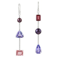 Tanzanite Tourmaline Diamond 18 Karat Gold Linear Earrings