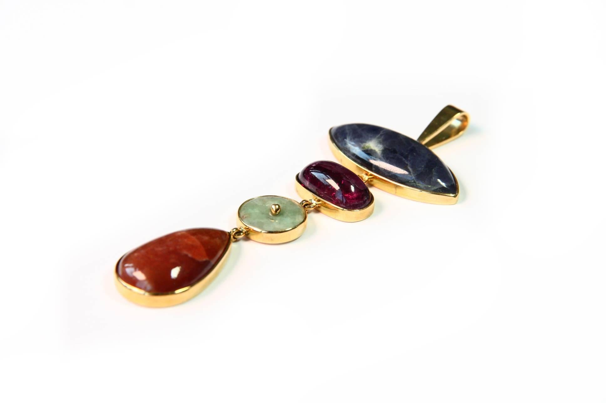 Art Deco Tanzanite Tourmaline Jade Opal Gold Pendant For Sale