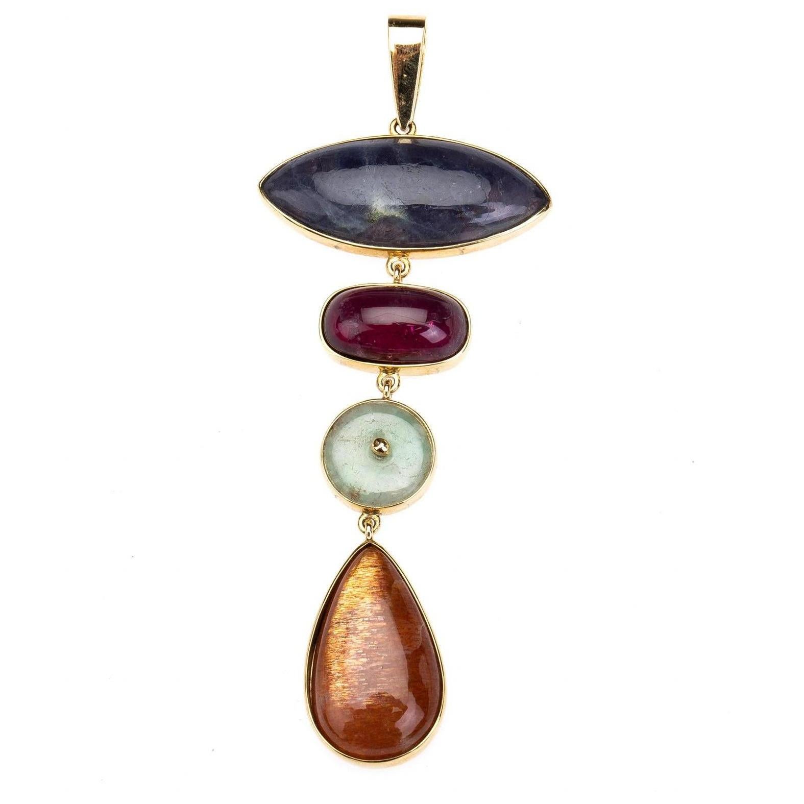 Tanzanite Tourmaline Jade Opal Gold Pendant In New Condition For Sale In Milan, IT