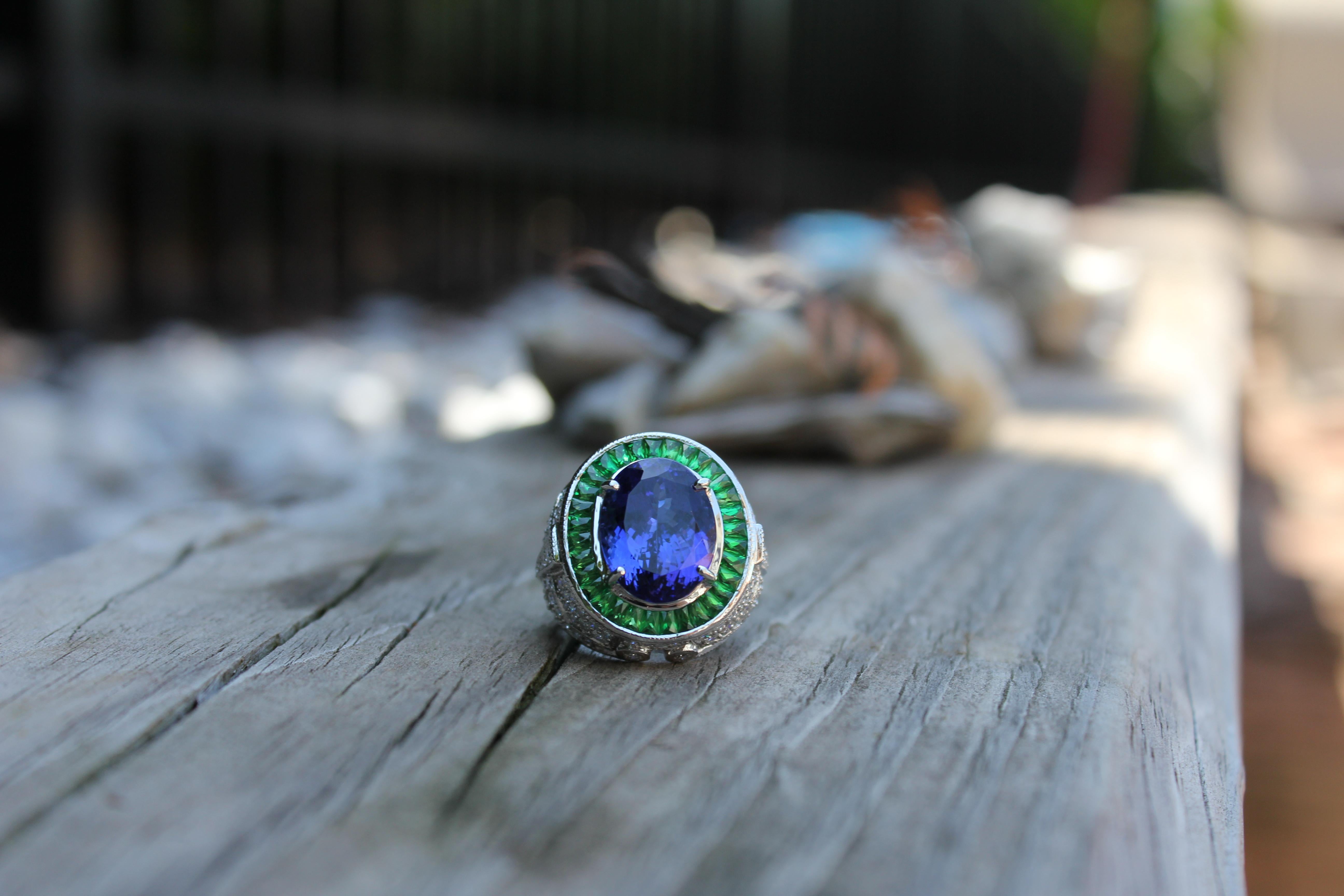 Oval Tanzanite Tsavorite Halo Diamond Pave Dome Signet 18 Karat White Gold Ring For Sale 6