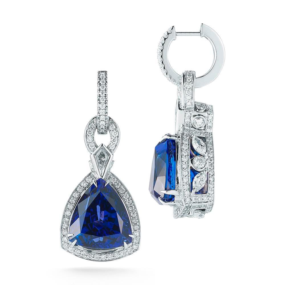 TANZANITE AND DIAMOND EARRING
An exceptional earring with a beautiful floral basket. A simple look with a lot of great detail.

Item:	# 01795
Setting:	18K W
Lab:	GIA
Color Weight:	29.06 ct. of Tanzanite
Diamond Weight:	5.32 ct. of Diamonds
