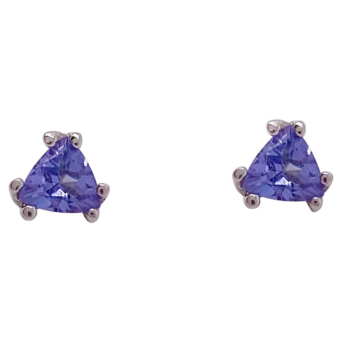 Tanzanite Trillion Earrings Post Studs in 14k White Gold, Minimalist Earrings