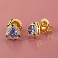 Tanzanite Trillion Mimimal Studs With Blue Sapphire & Diamond In 14k Yellow Gold