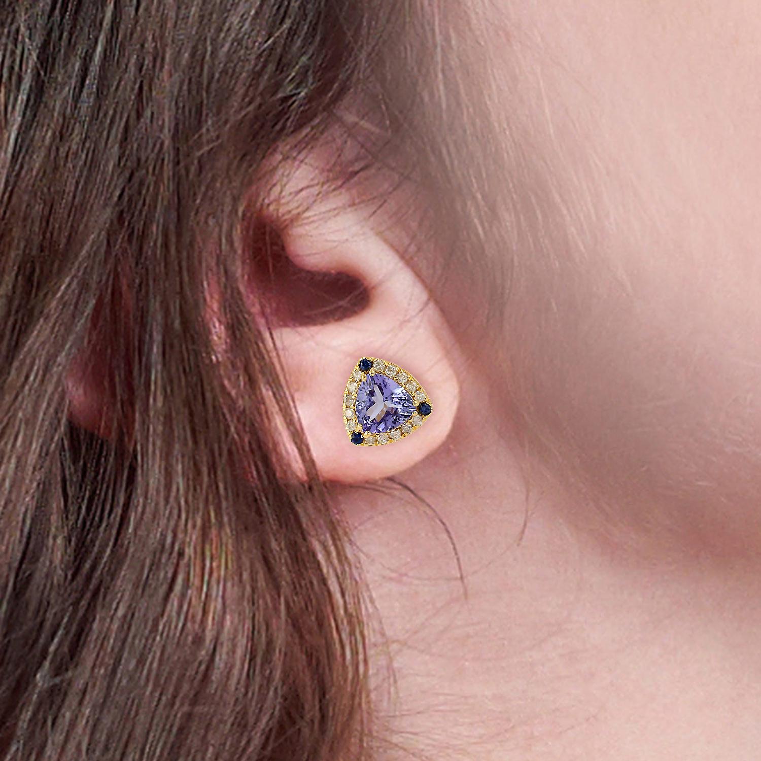 Artisan Tanzanite Trillion Mimimal Studs With Blue Sapphire & Diamond In 14k Yellow Gold For Sale