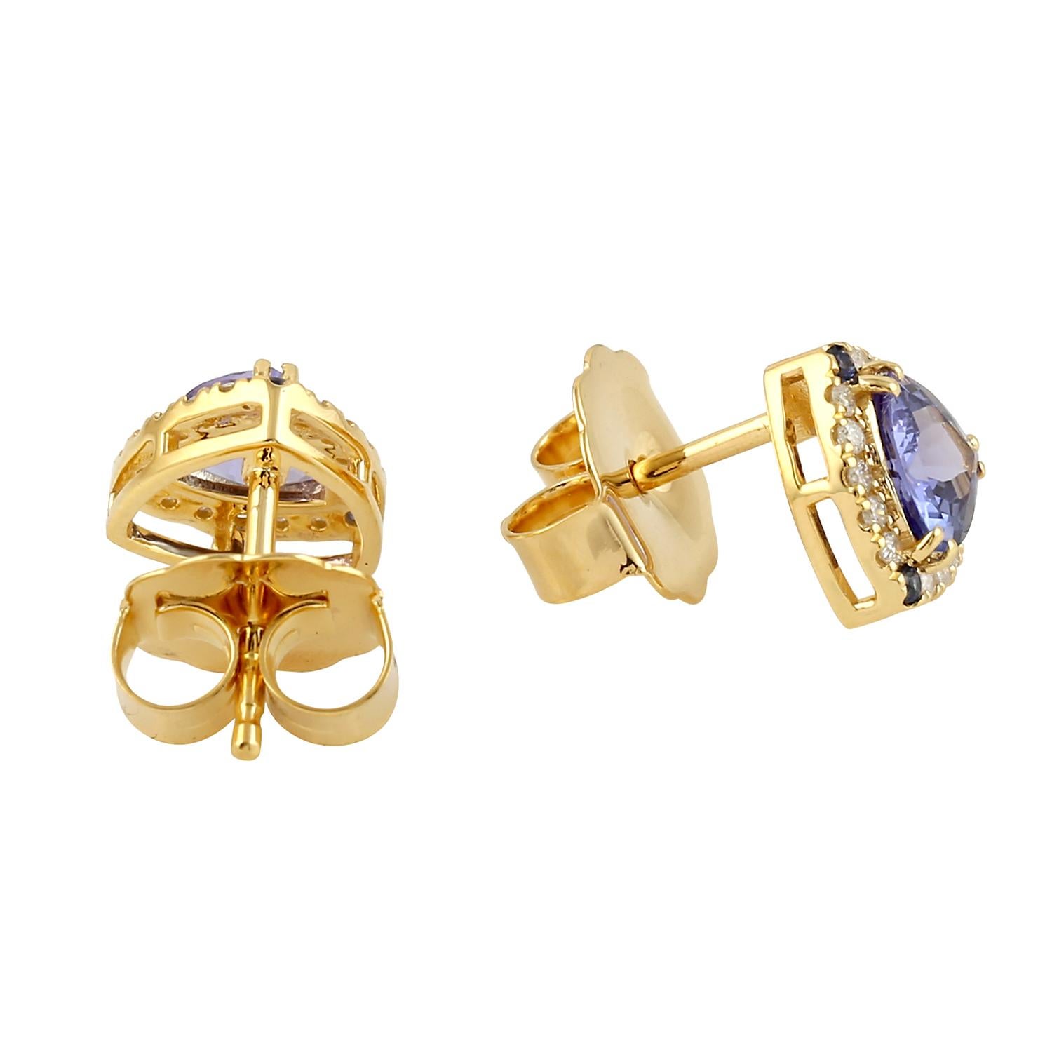 Mixed Cut Tanzanite Trillion Mimimal Studs With Blue Sapphire & Diamond In 14k Yellow Gold For Sale