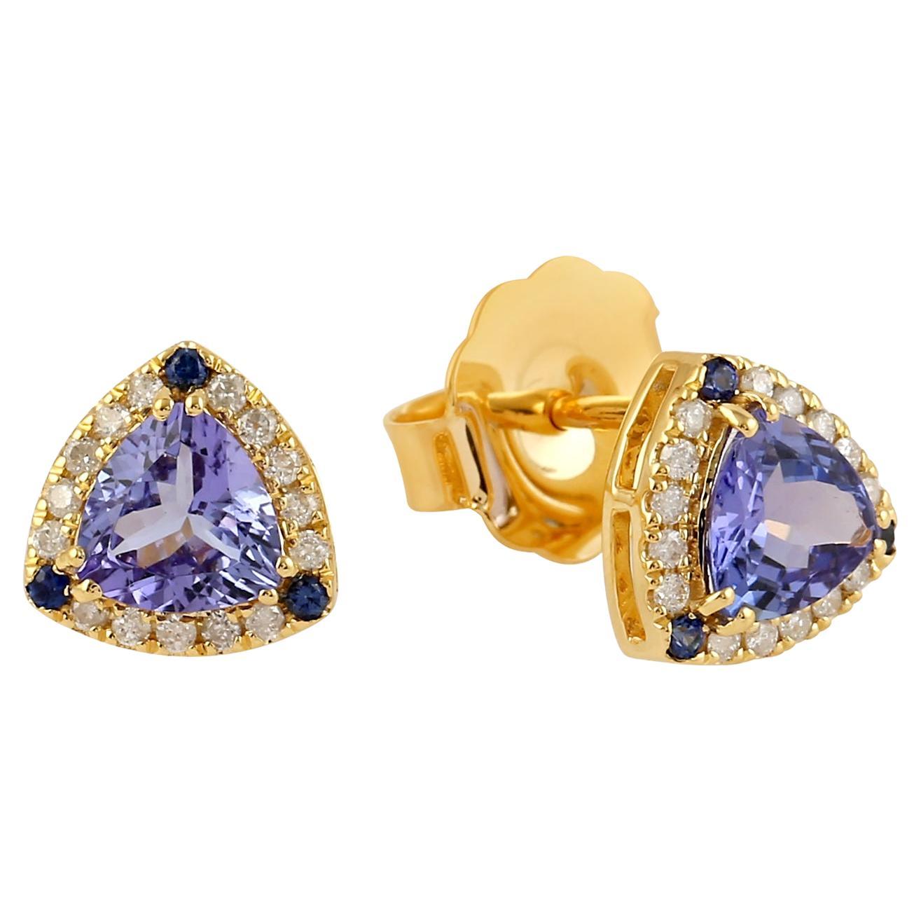 Tanzanite Trillion Mimimal Studs With Blue Sapphire & Diamond In 14k Yellow Gold For Sale