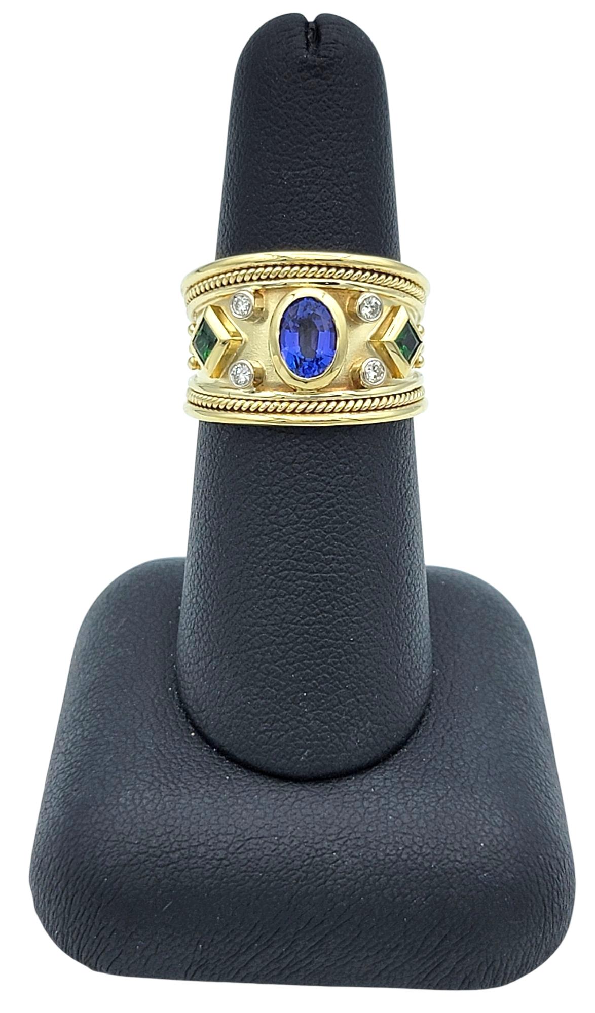 Tanzanite, Tsavorite and Diamond Etruscan Style Band Ring 14 Karat Yellow Gold For Sale 4