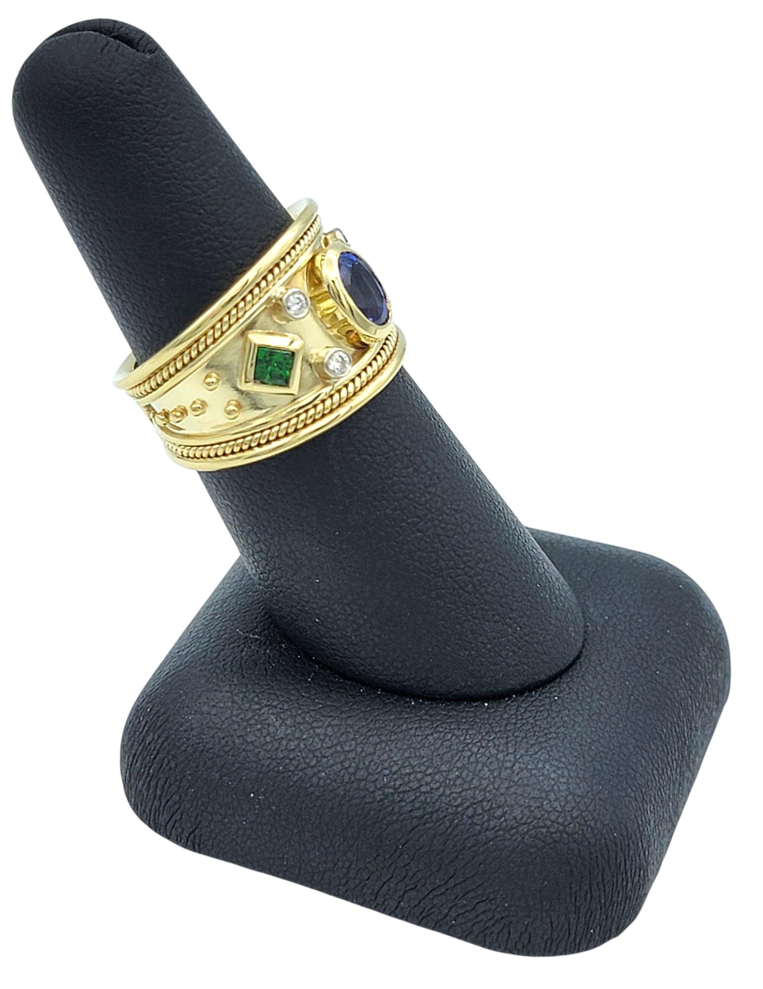 Tanzanite, Tsavorite and Diamond Etruscan Style Band Ring 14 Karat Yellow Gold For Sale 5