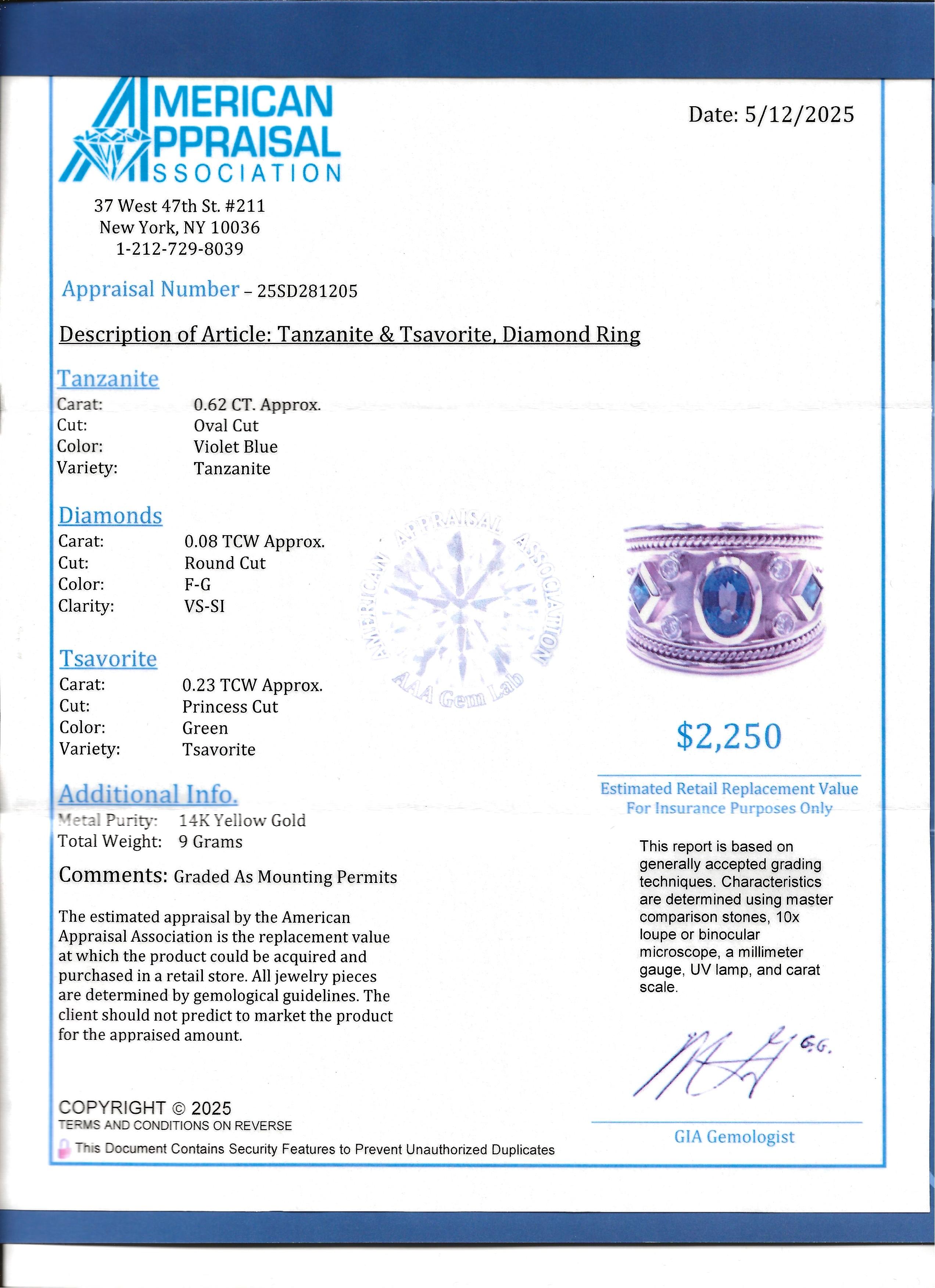 Tanzanite, Tsavorite and Diamond Etruscan Style Band Ring 14 Karat Yellow Gold For Sale 6