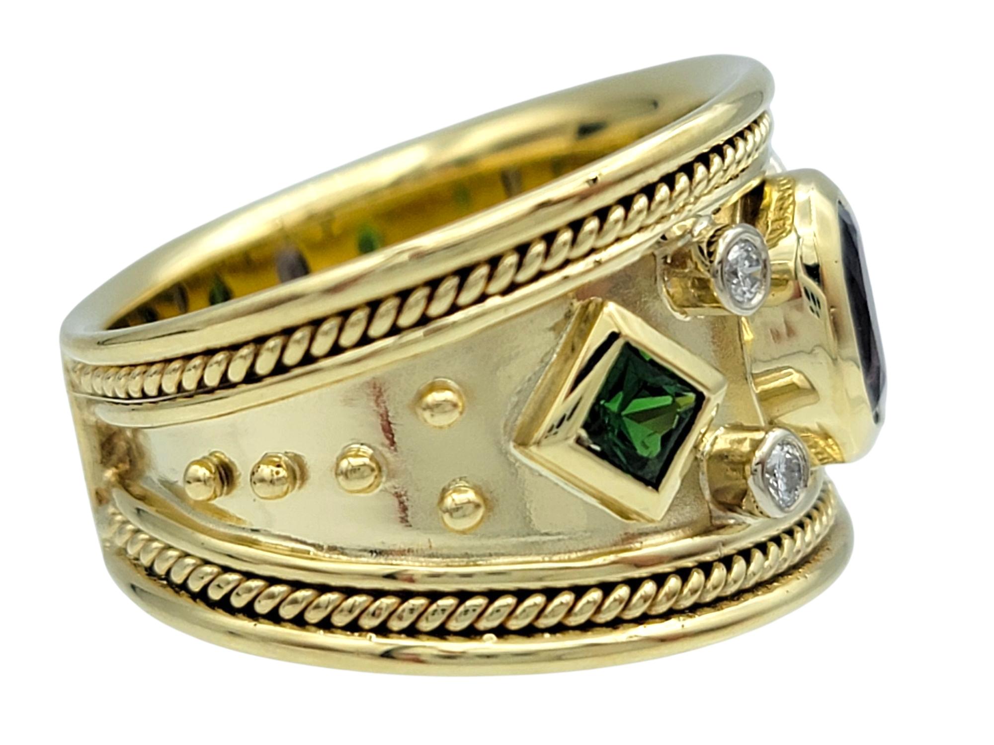 Contemporary Tanzanite, Tsavorite and Diamond Etruscan Style Band Ring 14 Karat Yellow Gold For Sale