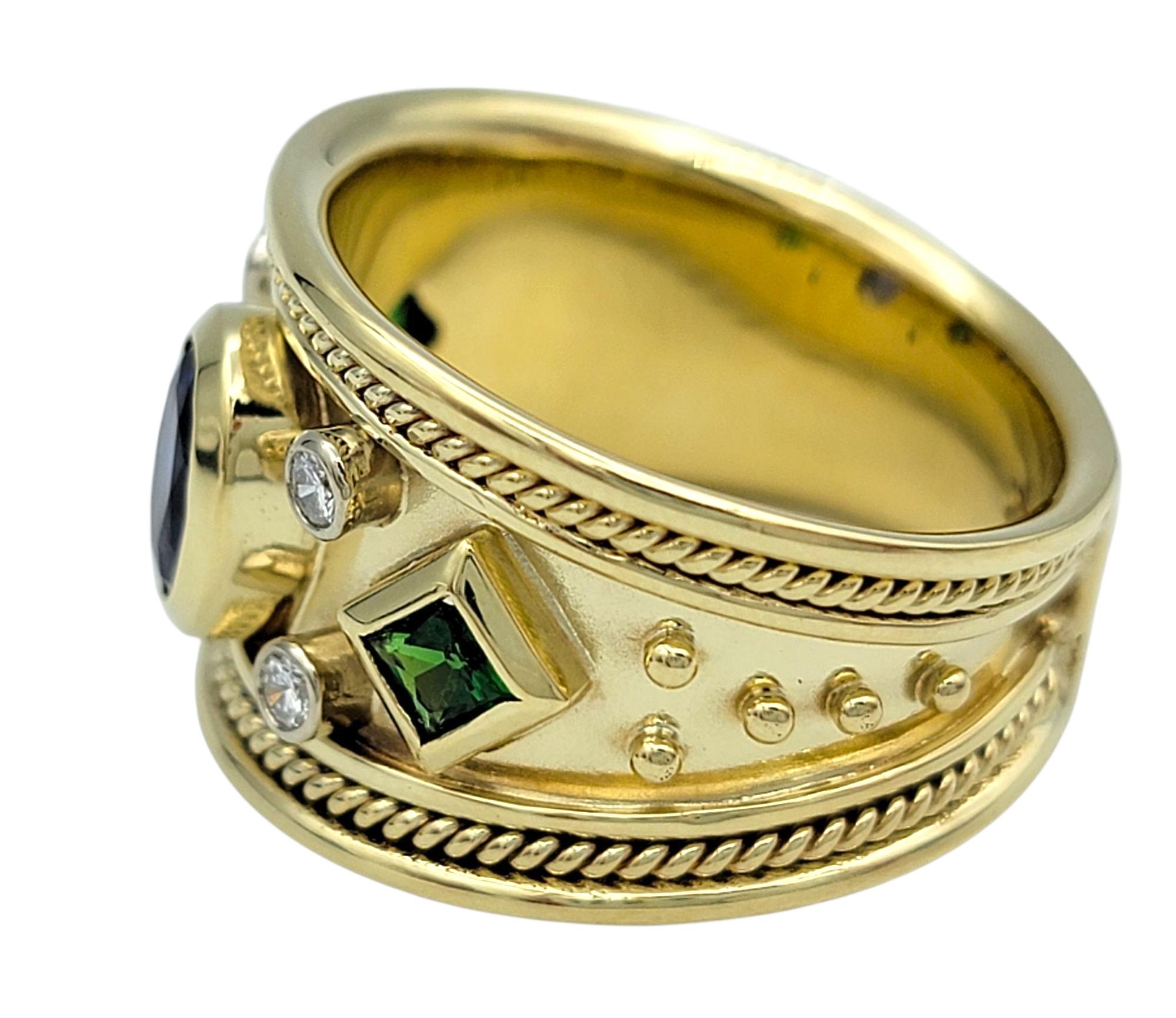 Oval Cut Tanzanite, Tsavorite and Diamond Etruscan Style Band Ring 14 Karat Yellow Gold For Sale